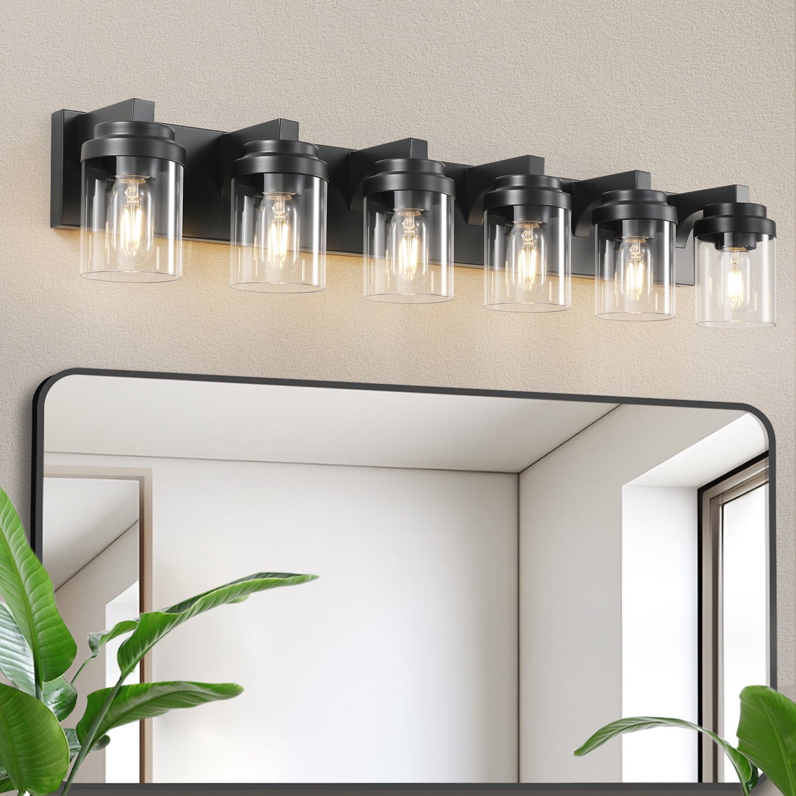 Miniyam 6 Light Bathroom Vanity Light, Matte Black Light Fixtures with Clear Glass Shade Over Mirror for Bedroom Living Room (E26,Bulb Not Included)