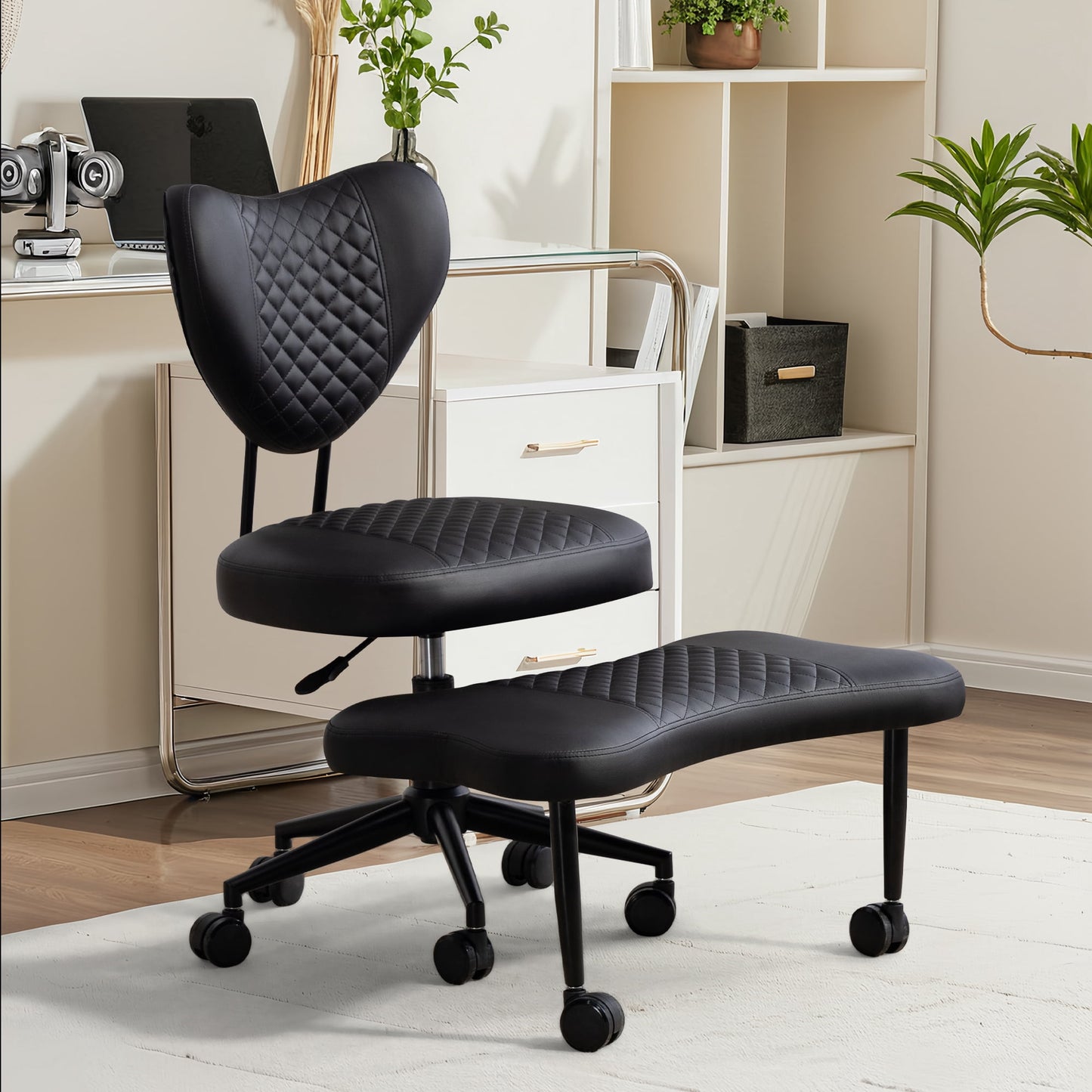 Miniyam Ergonomic Cross-Legged Swivel Chair with Adjustable Height, Heart-Shaped Backrest and Wide Footrest for Home Office, Study or Meditation, Black