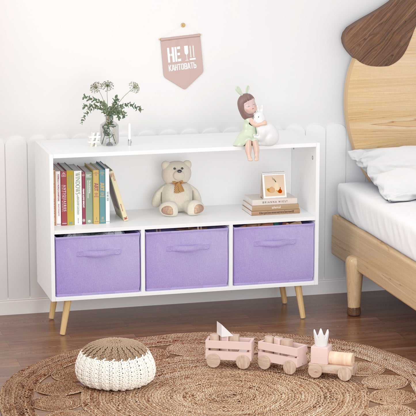 Miniyam Kids Bookcase with Storage Bins, 3 Fabric Drawers, Wooden Toy Organizer for Kids Room, Purple
