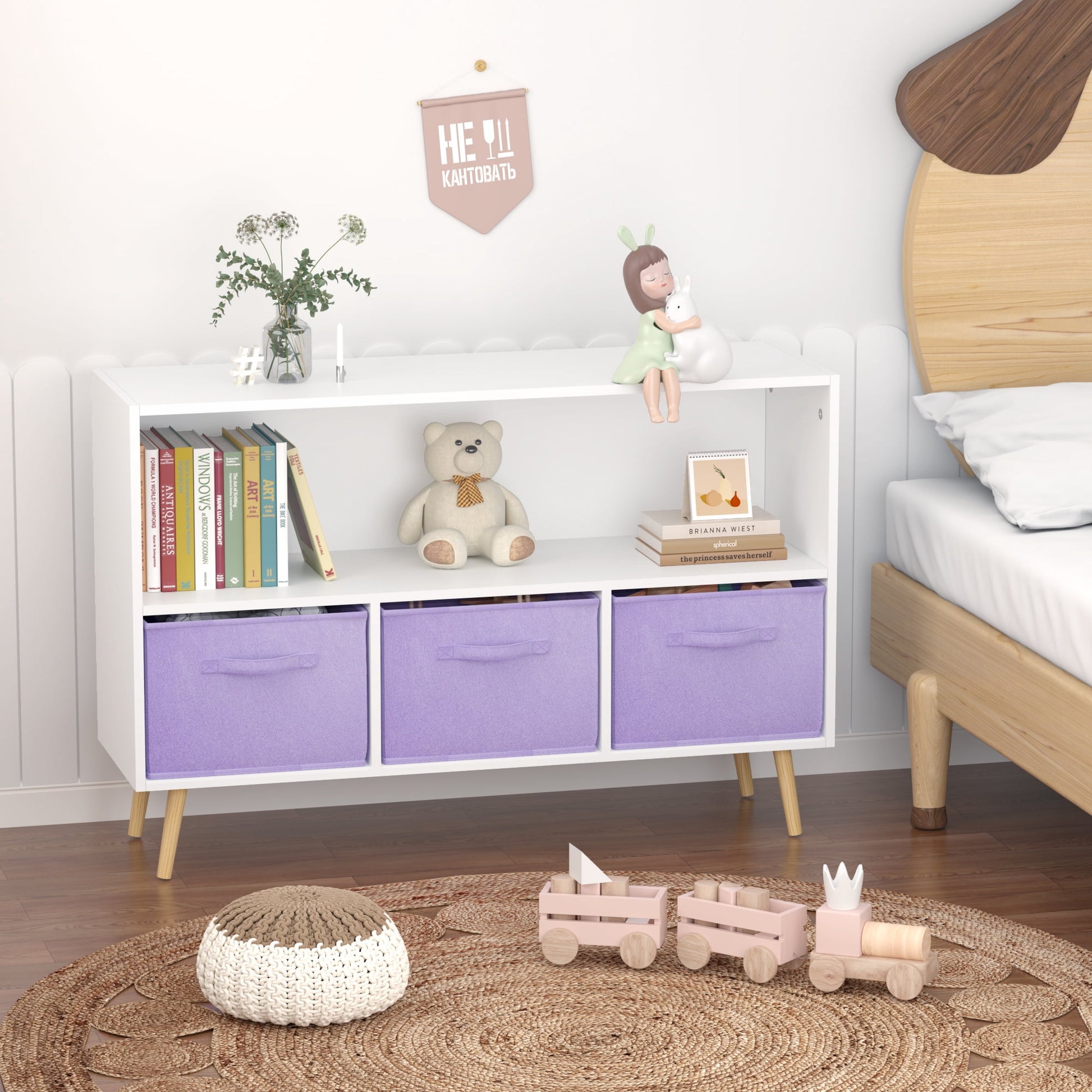 Miniyam Kids Bookcase with Storage Bins, 3 Fabric Drawers, Wooden Toy Organizer for Kids Room, Purple