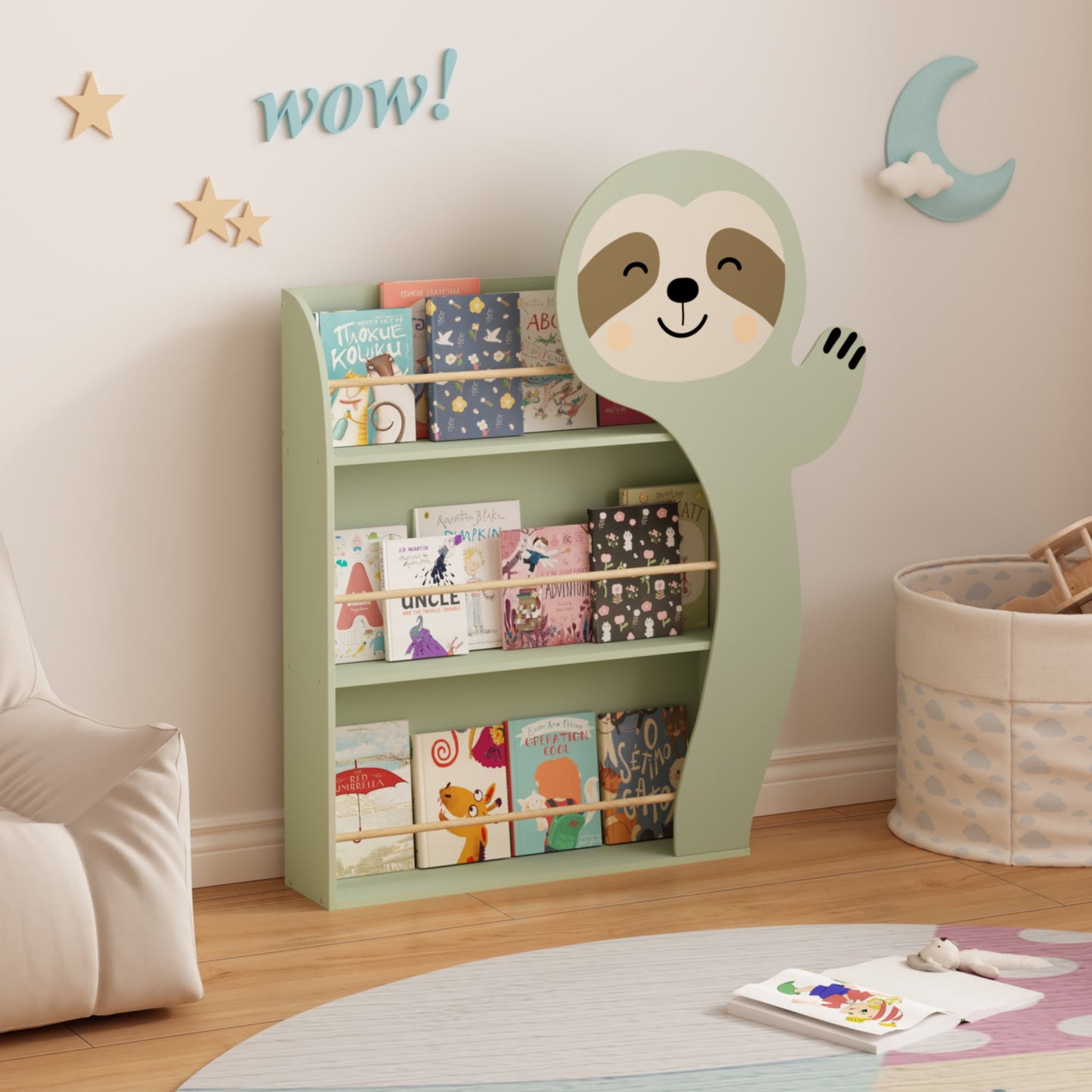 Miniyam Kids Sloth Bookshelf, 3-Tier Front-Facing Toddler Book Rack with Wooden Rods and Anti-Tip Kit, MDF Nursery & Playroom Book Storage Shelf, Green