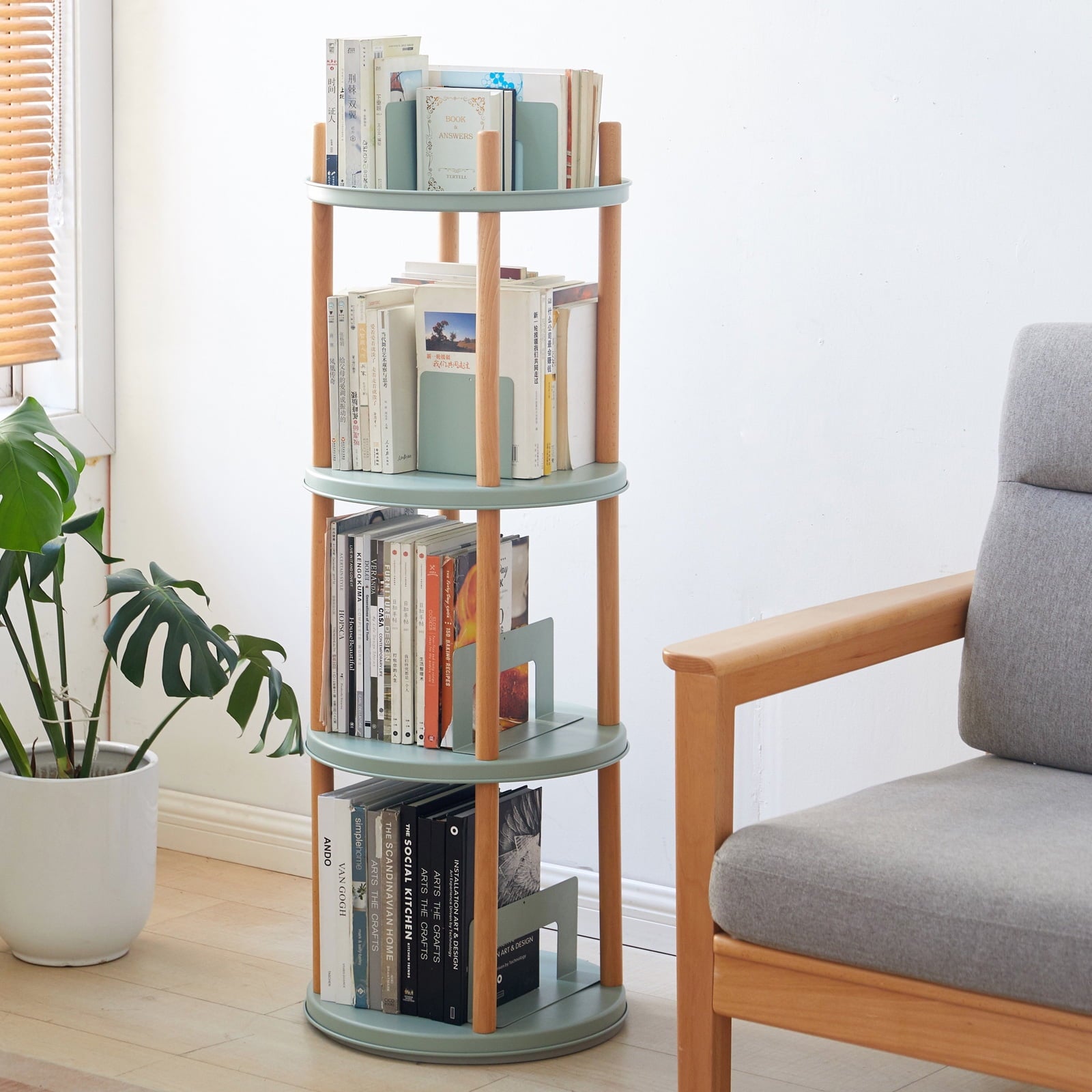 Mintazer 360Â° Rotating Bookshelf, Solid Wood 4-Tier Standing Bookcase Open Shelves for Living Room, Bedroom, Study Room, Kitchen