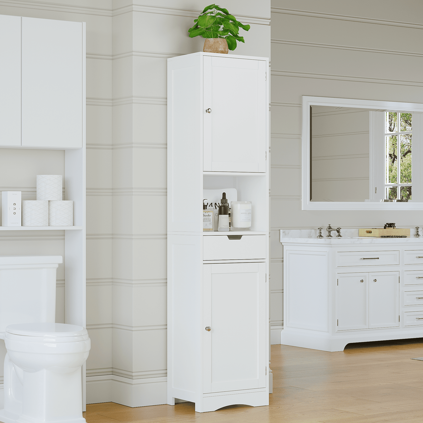 Mintazer 67" Tall Bathroom Storage Cabinet with 2 Doors & Drawer, Freestanding Floor Organizer with Adjustable Shelves for Bathroom & Kitchen, White