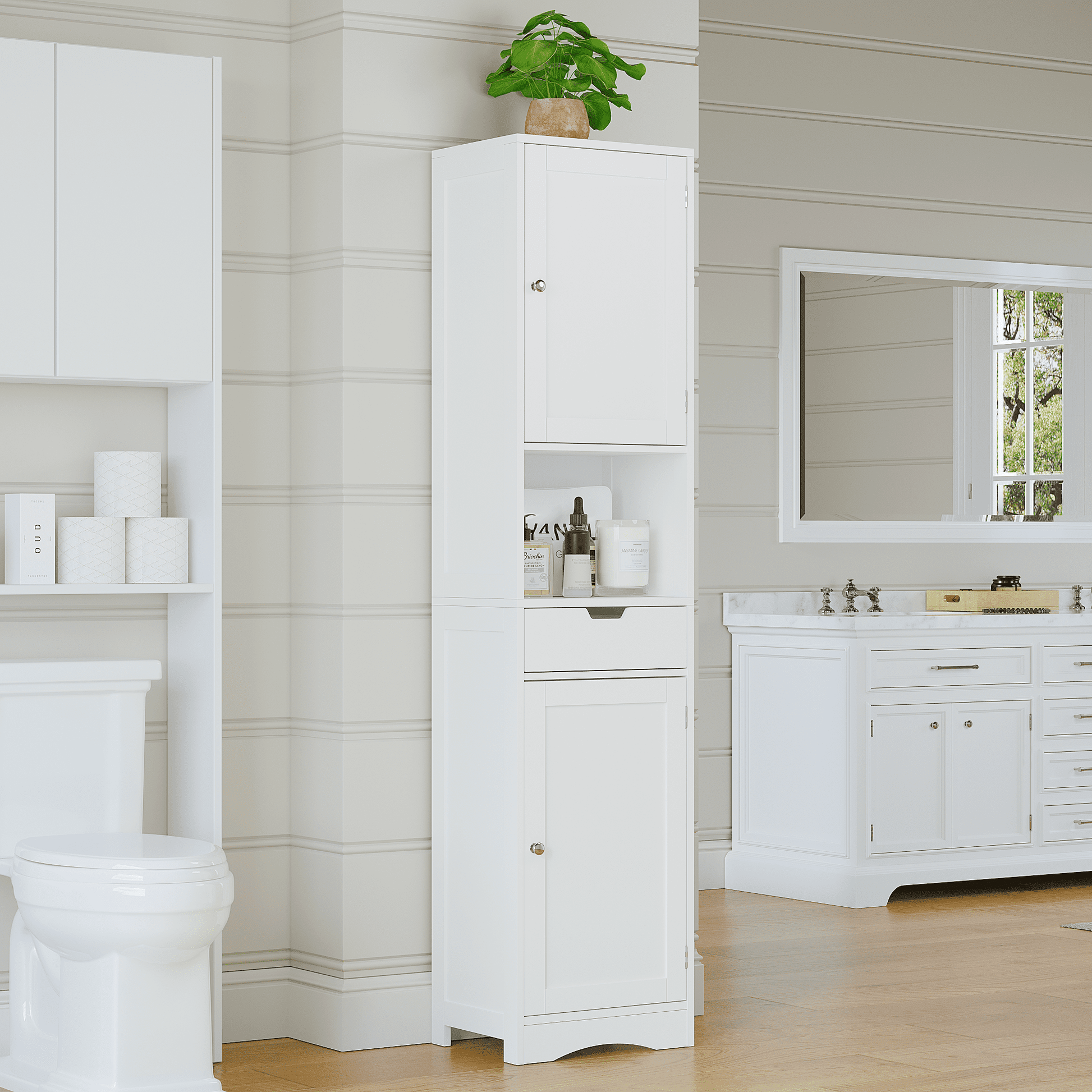 Mintazer 67" Tall Bathroom Storage Cabinet with 2 Doors & Drawer, Freestanding Floor Organizer with Adjustable Shelves for Bathroom & Kitchen, White
