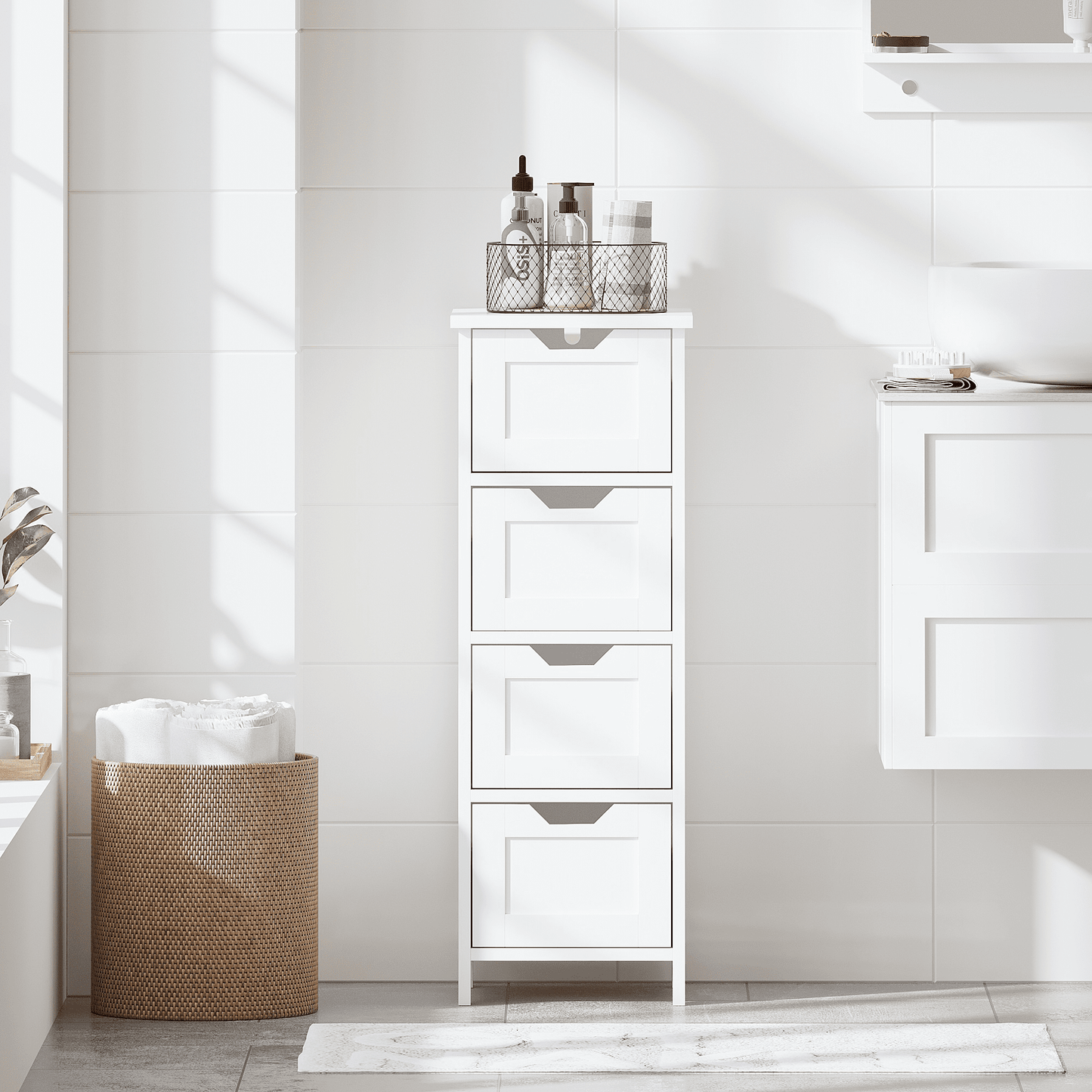Mintazer Bathroom Floor Cabinet with 4 Drawer, Freestanding Wooden Storage Organizer for Bathroom & Hallway, White