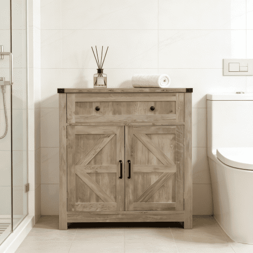 Mintazer Gabinete de Almacenamiento para BaÃ±o Estilo Farmhouse con Puertas de Granero y CajÃ³n, Gabinete RÃºstico Decorativa para BaÃ±o y Cocina, Gris