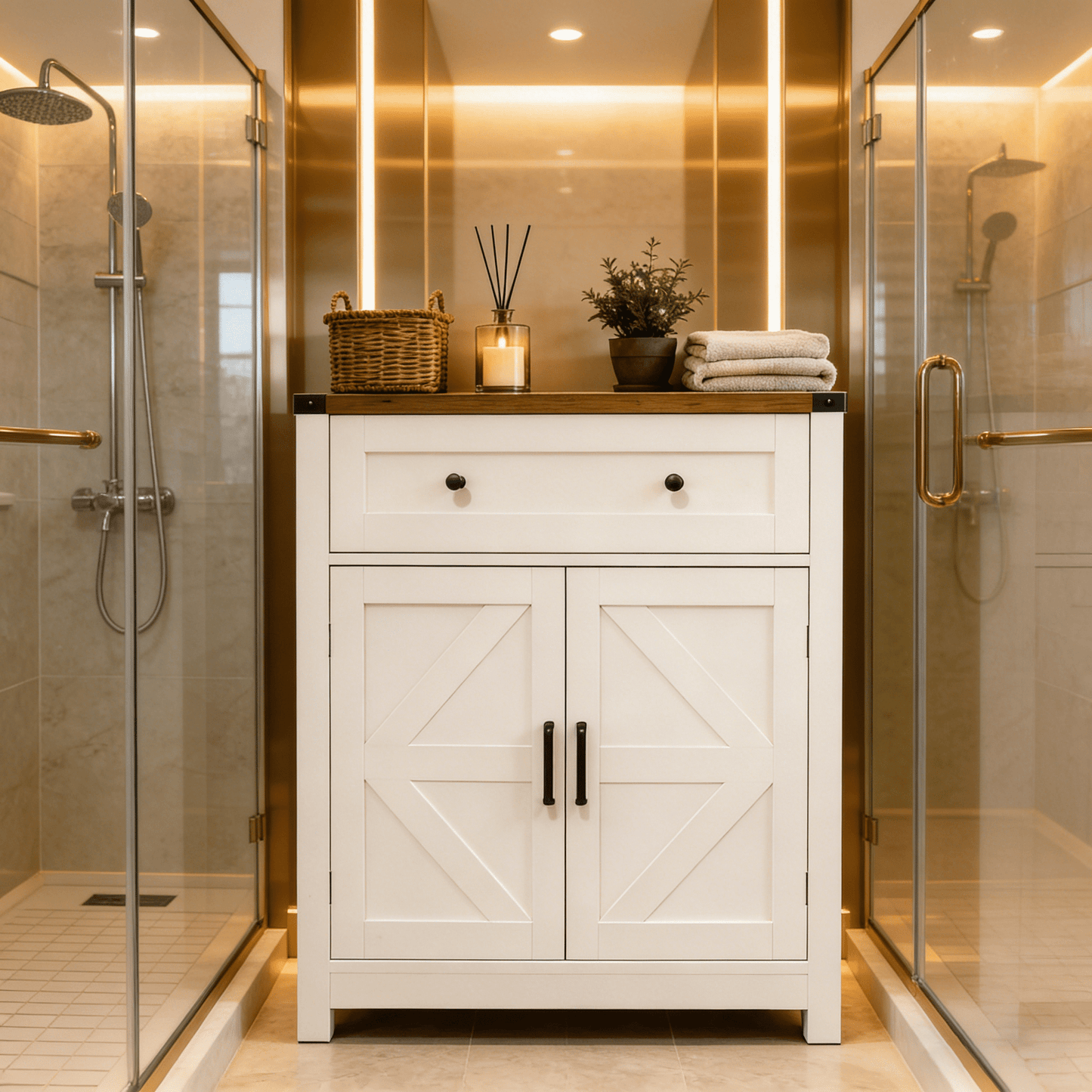 Mintazer Farmhouse Bathroom Storage Cabinet with Barn Doors & Drawer, Rustic Accent Cabinet for Bathroom Kitchen, White