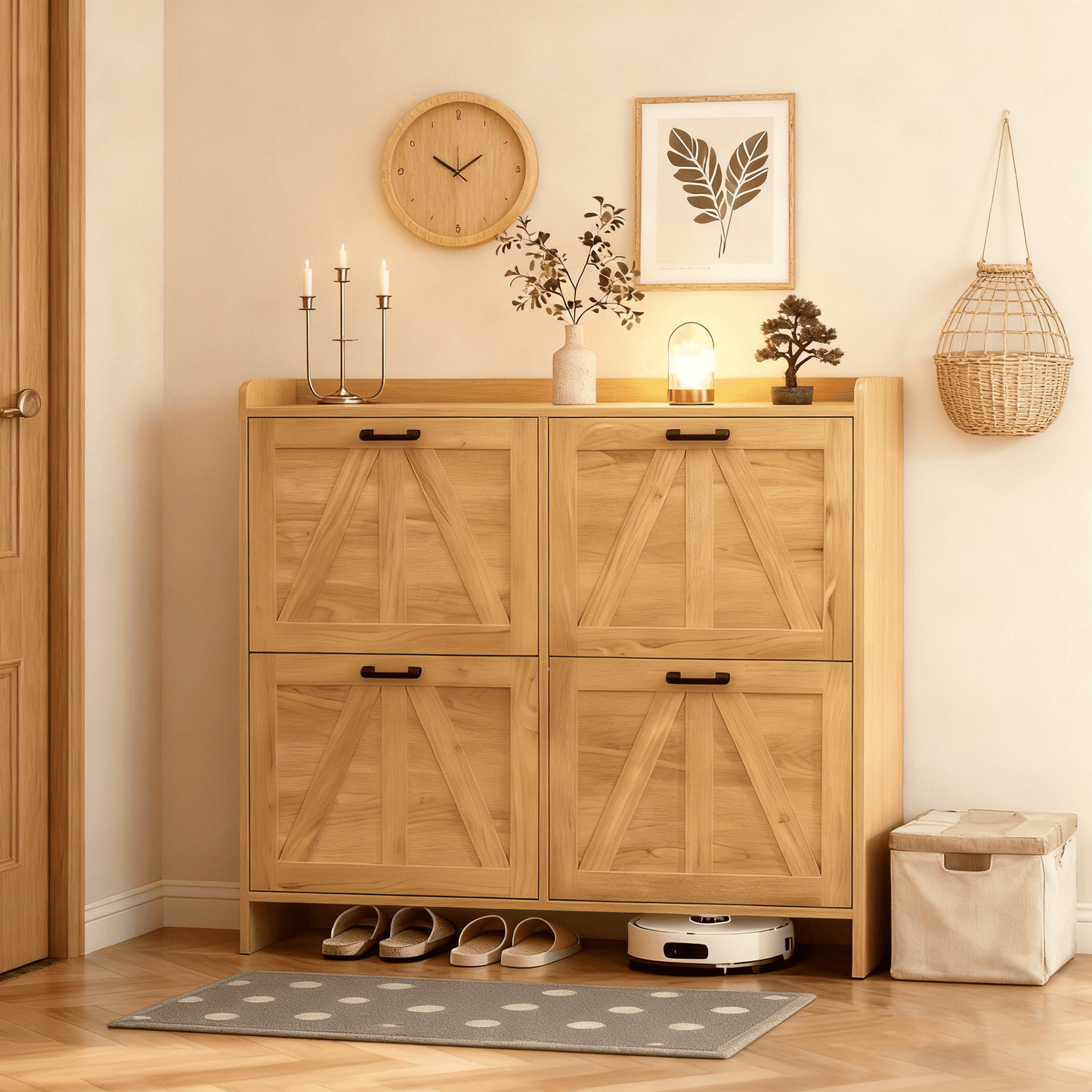 Mintazer Farmhouse Shoe Cabinet with 4 Flip Drawers, Entryway Shoe Storage with Open Shelf & Bottom Clearance for Living Room, Natural