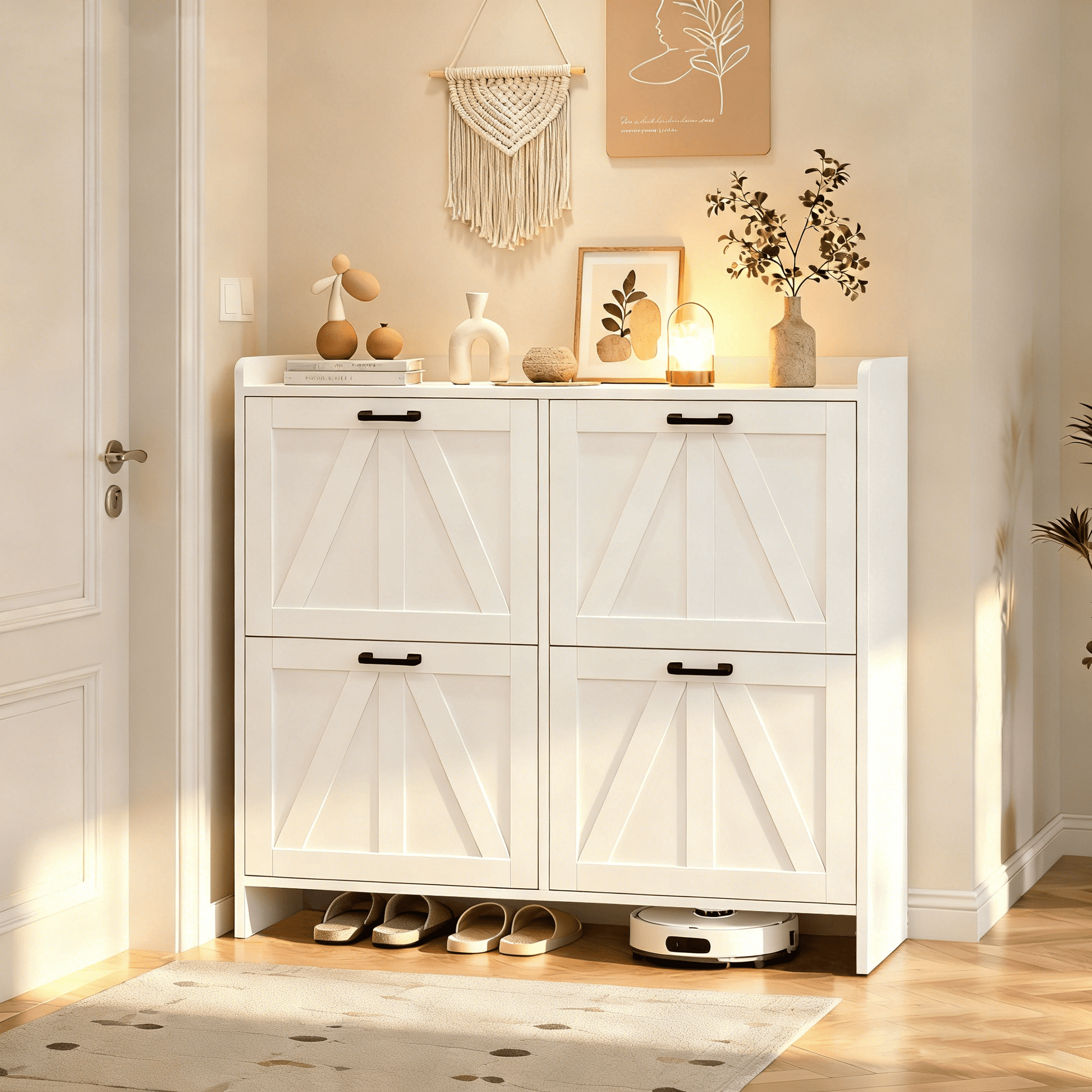 Mintazer Farmhouse Shoe Cabinet with 4 Flip Drawers, Entryway Shoe Storage with Open Shelf & Bottom Clearance for Living Room, White