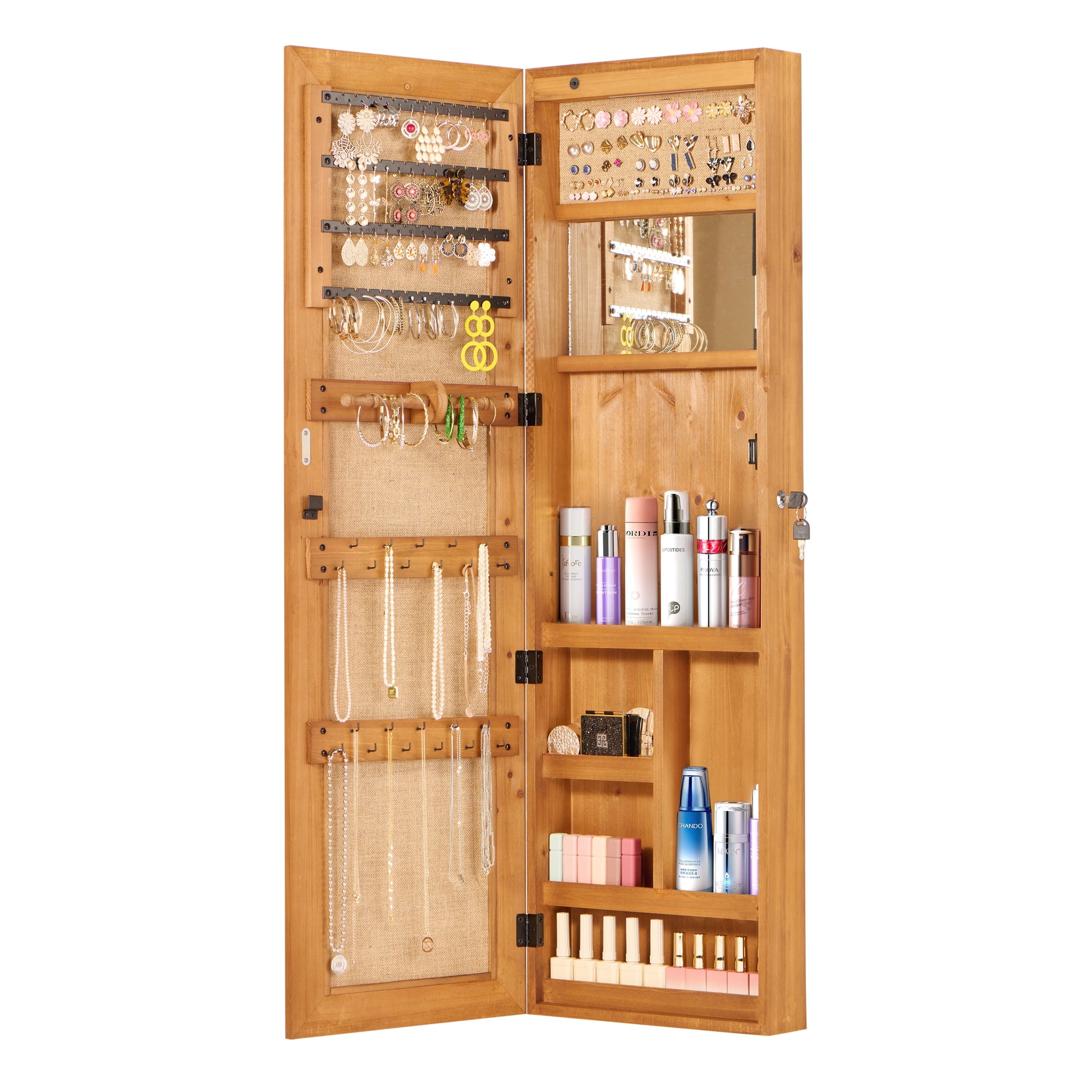 Mintazer Full-Length Mirror Jewelry Cabinet Armoire with LED Lighting & Storage, 2-in-1 Wall/Door Mount Lockable Jewelry Armoire Organizer, Natural