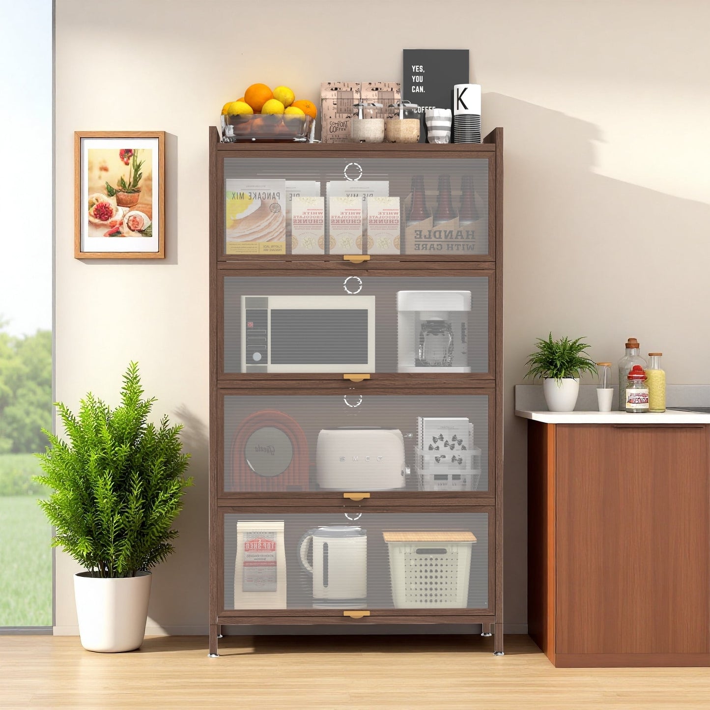 Mintazer Metal Pantry Cabinet, Storage Cabinet with 4 Flip Doors for Kitchen, Living Room, Dining Room, Office, Brown