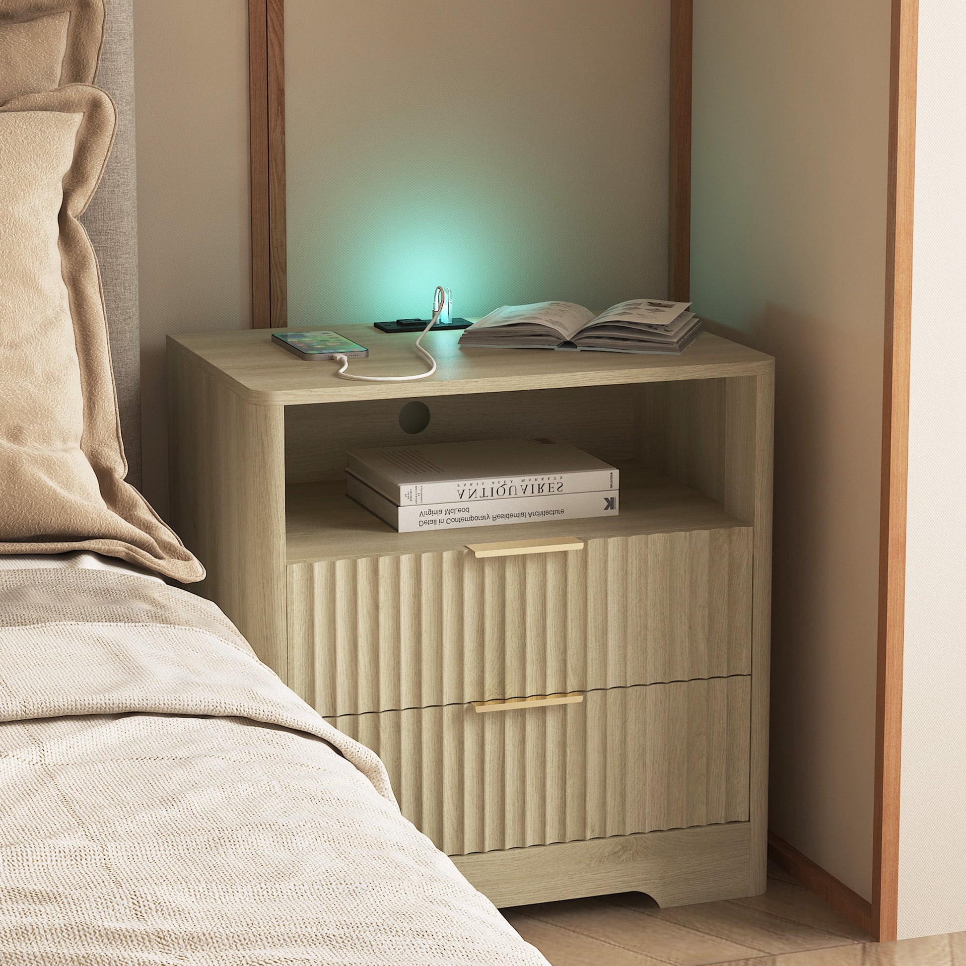 Mintazer Nightstand with Voice-Controlled LED Light & Charging Station, Bedside Table with 2 Drawer Open Shelf for Bedroom, Natura