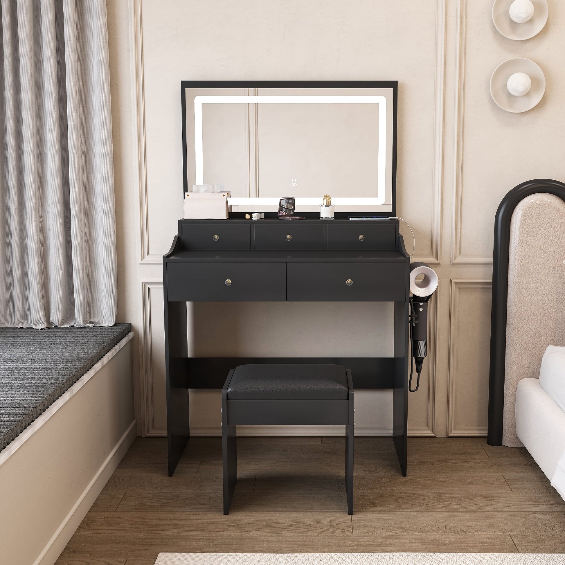 Mintazer Vanity Desk Set with Mirror and Adjustable LED Lights, Modern Makeup Vanity Set with Power Outlet & Hair Dryer Holder,  5 Drawers and Stool, Black
