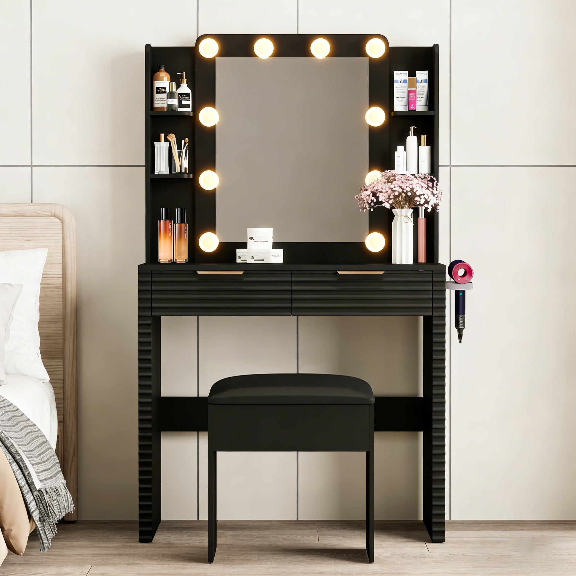 Mintazer Vanity Set with 2 Drawers & 4 Open Shelves and Storage Stool, Dressing Table with Hollywood Bulbs and Mirror & Charging Station, Makeup Vanity Desk for Bedroom, Black