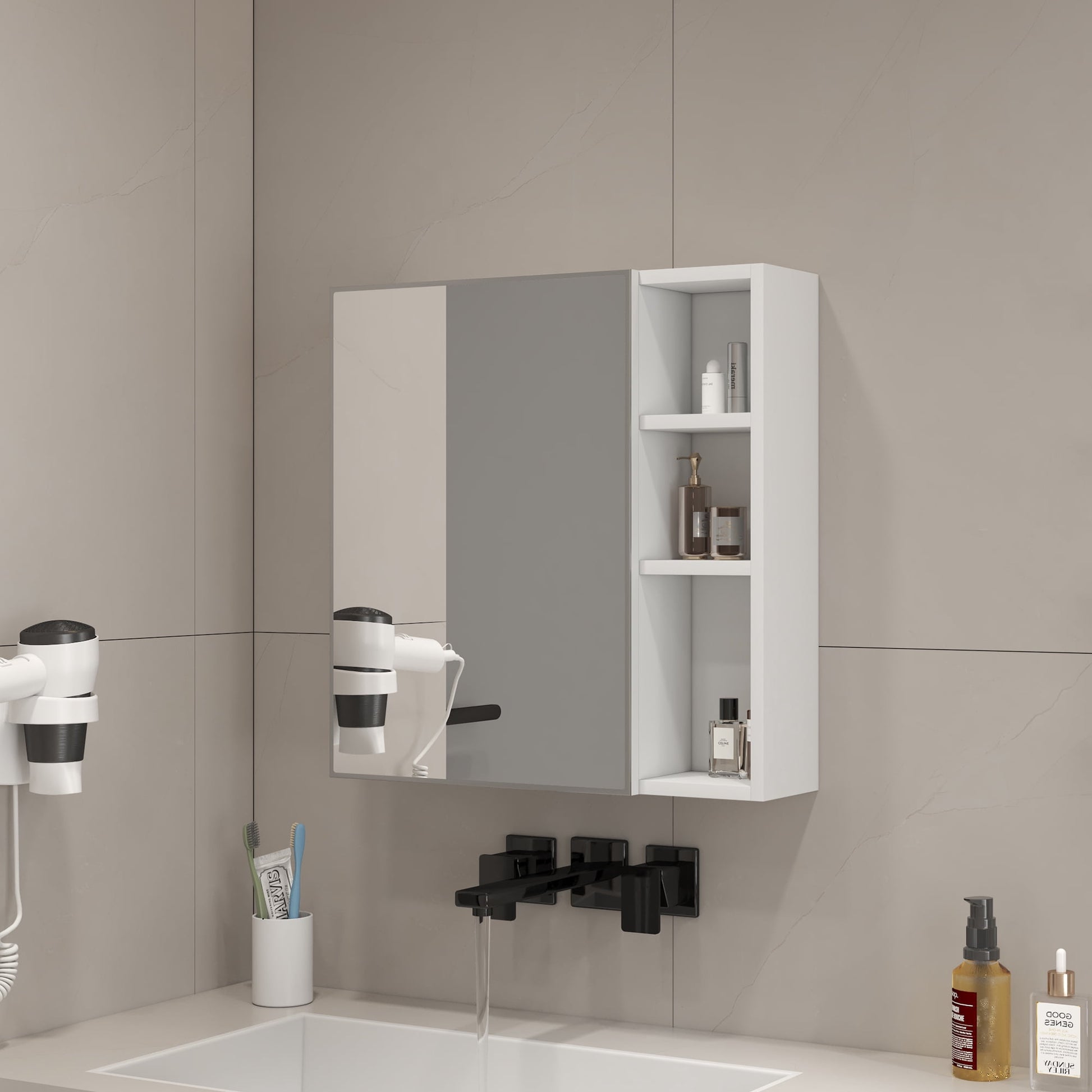 Mintazer Wall-Mounted Mirror Cabinet with Storage Shelves, Bathroom Organizer with Mirror Door & Multi-Compartment, White