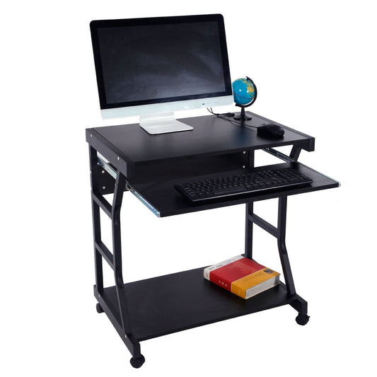 Mobile Rolling Computer Desk with Keyboard Tray, Black Compact Chipboard & Steel Laptop Desk Lockable Wheels Small Space Home Office Workstation