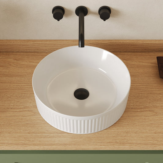 Modern 16 in. Round White Ceramic Bathroom Vessel Sink with Wavy Texture Design, Above Counter Single Bowl Art Basin