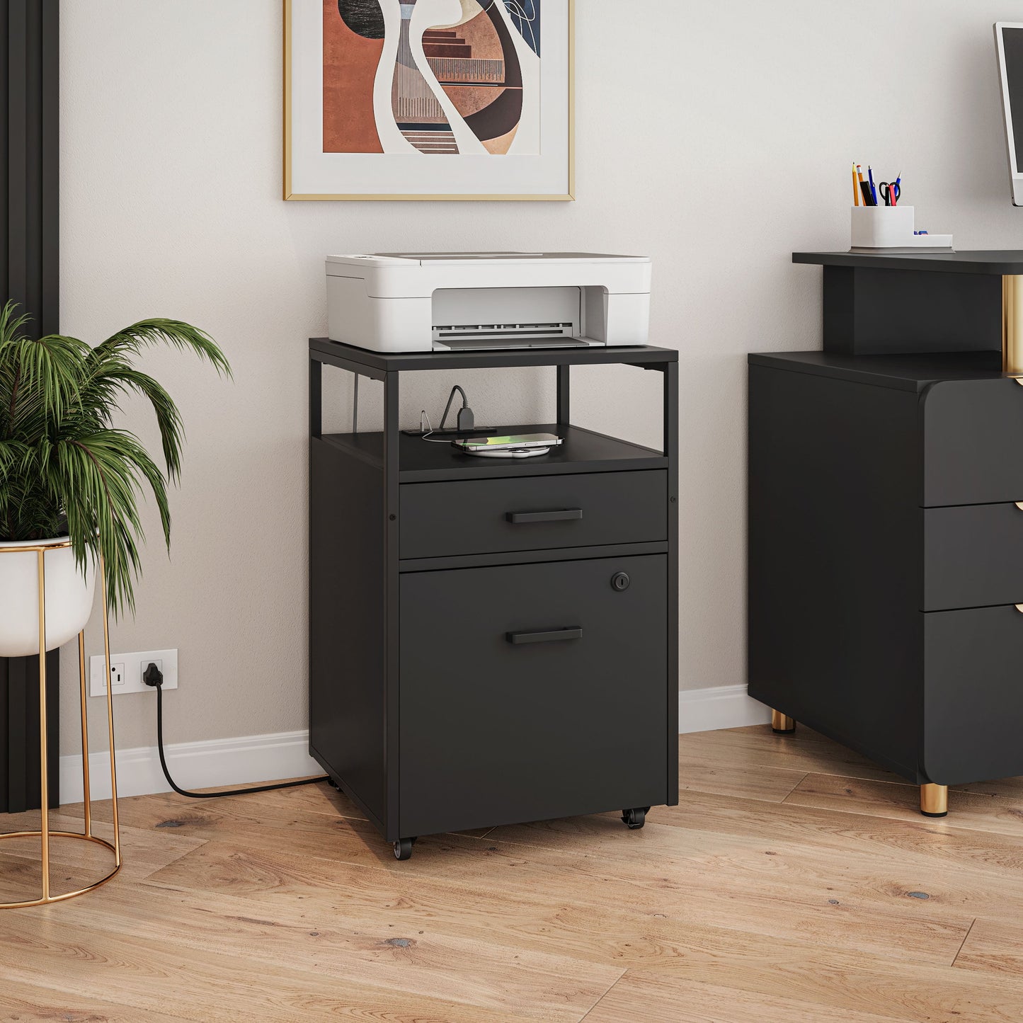Modern 2-Drawer Rolling File Cabinet with Lock, 2 USB Ports and Power Outlet for Device Charging, Portable File Organizer or Printer Stand for Office or Home with Locking Wheels, Black