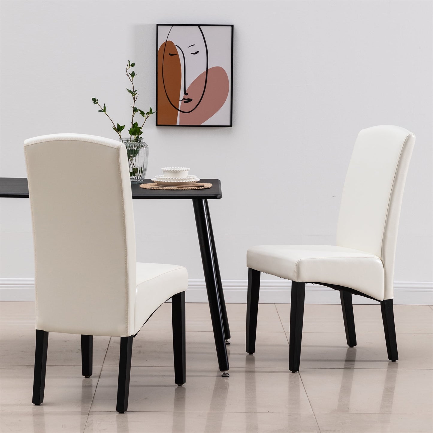 Modern 2 PC Faux Leather Dining Chair Set with Wooden Legs, Eggshell - AC Pacific