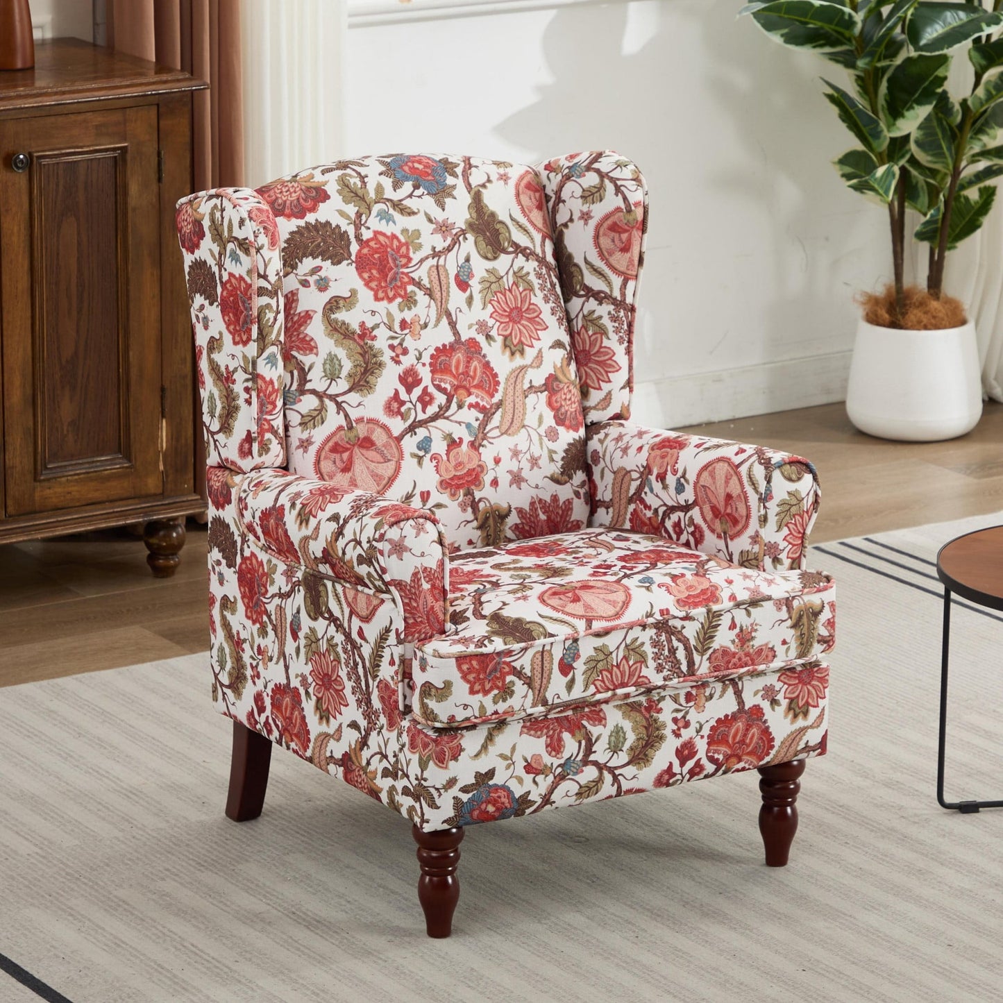 Modern Accent Chair with Wood Legs,Retro Upholstered Armchair Single Sofa Chair Reading Accent Chair for Living Room Bedroom Office,Floral Red