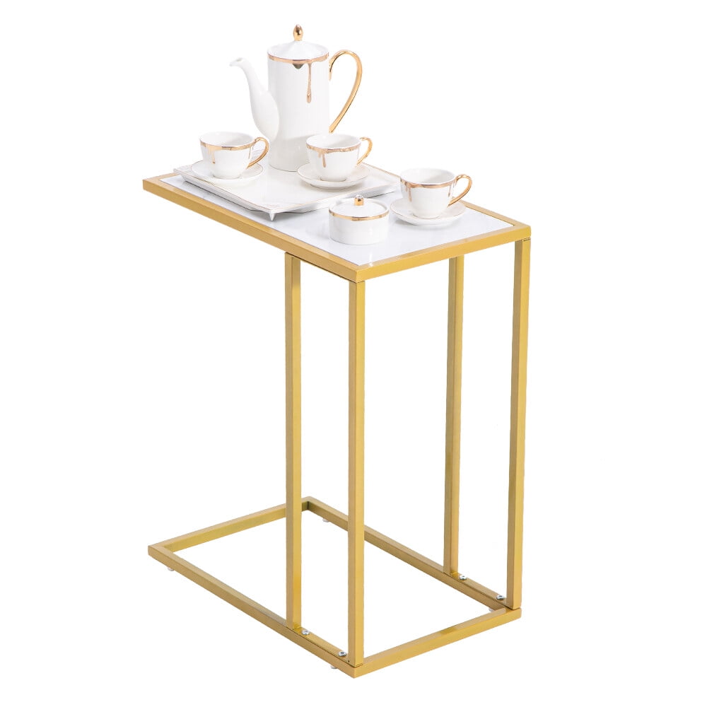 Modern C-Shaped Side Table White Marble Pattern Top Gold Metal Legs Slim Sofa End Table for Small Spaces Living Room Bedroom Apartment