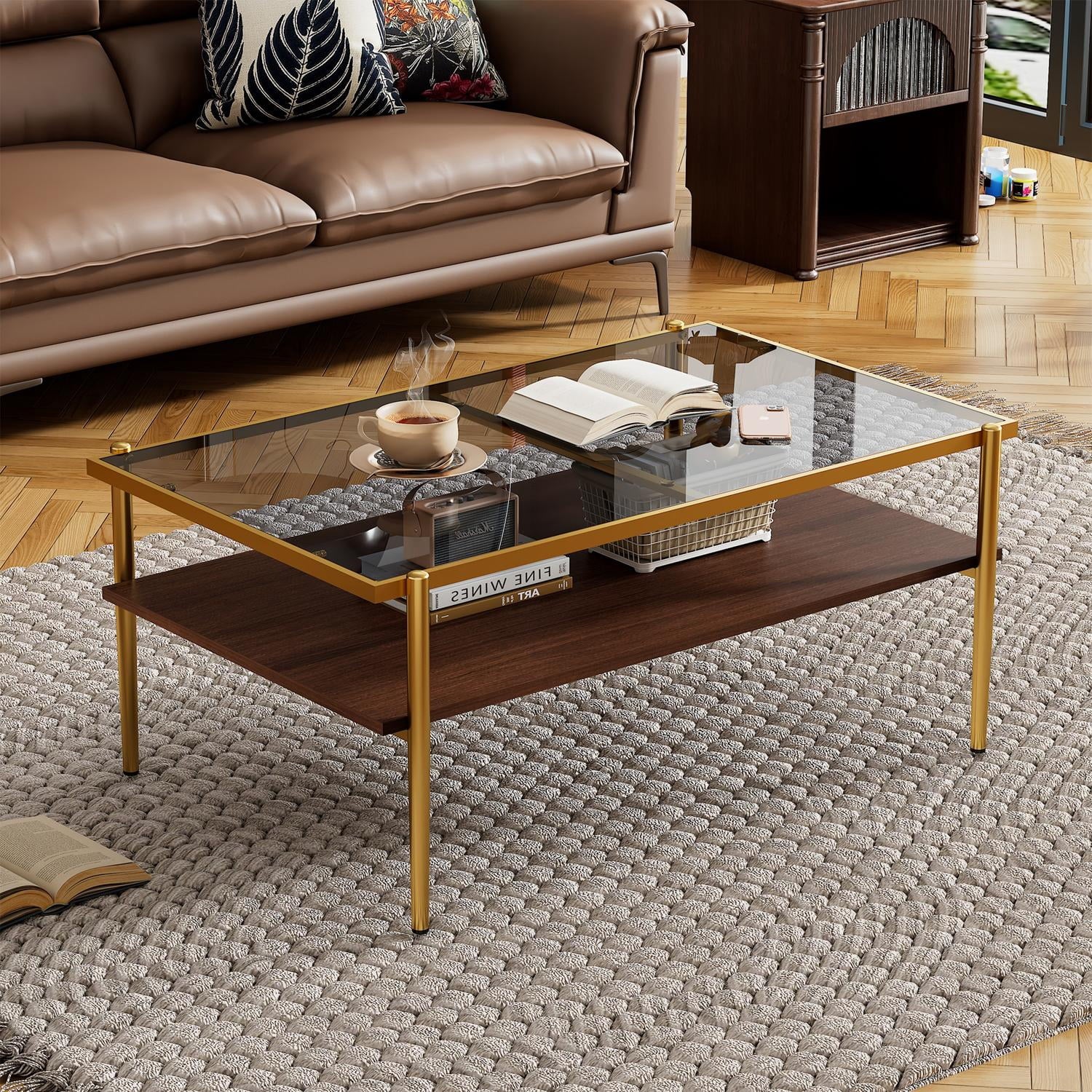 Modern Coffee Table, Tempered Glass Tabletop, Rectangle Coffee Table with Sturdy MDF Base and Golden Iron Legs, Easy Assembly Living Room Furniture, 38.39 Inch Length, Gray Color