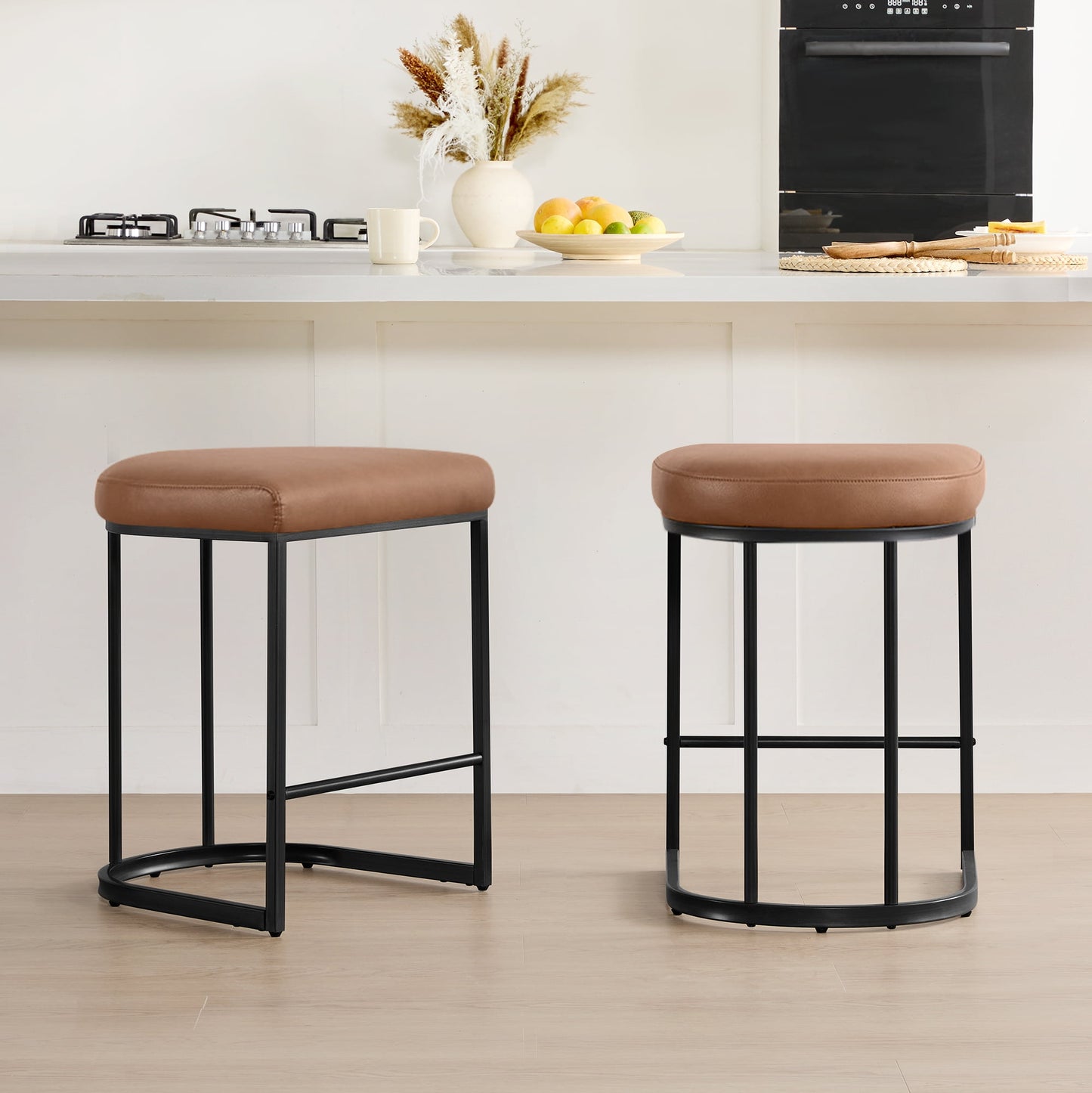 Spruce & Spring Modern Counter Bar Stool with Curved Upholstered Seat and Metal Legs for Kitchen Island or Bar Set of 3, Brown with Metal Legs