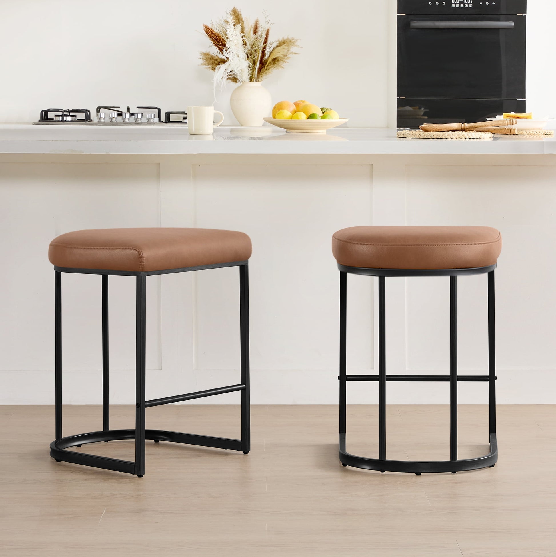Spruce & Spring Modern Counter Bar Stool with Curved Upholstered Seat and Metal Legs for Kitchen Island or Bar Set of 3, Brown with Metal Legs