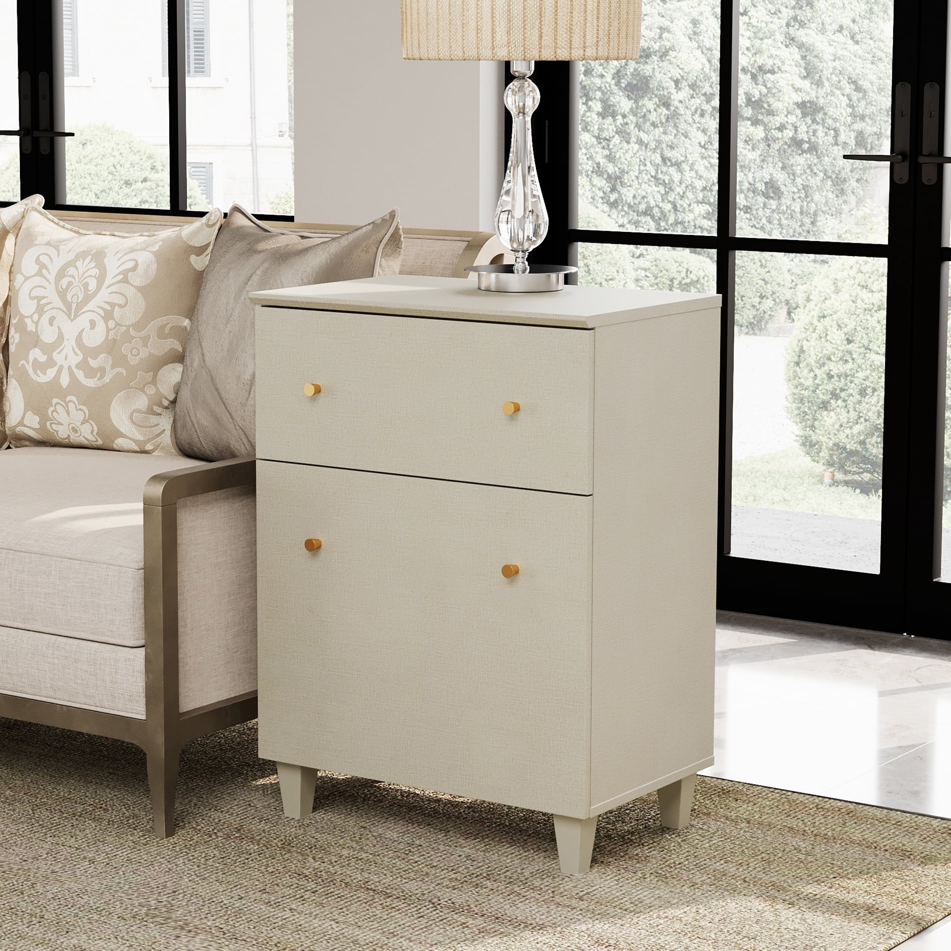 Modern End Table with Drawer and Cabinet, Large Side Table with Adjustable Storage Shelf, Wooden Nightstand for Living Room, Beige Linen Printed