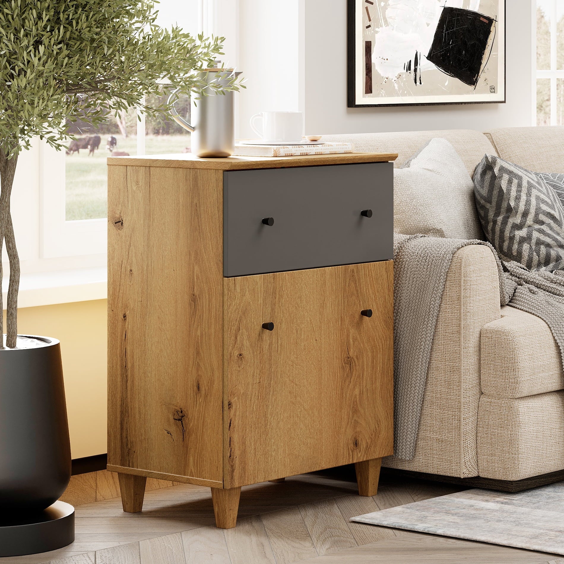 Modern End Table with Drawer and Cabinet, Large Side Table with Adjustable Storage Shelf, Wooden Nightstand for Living Room, Oak Brown