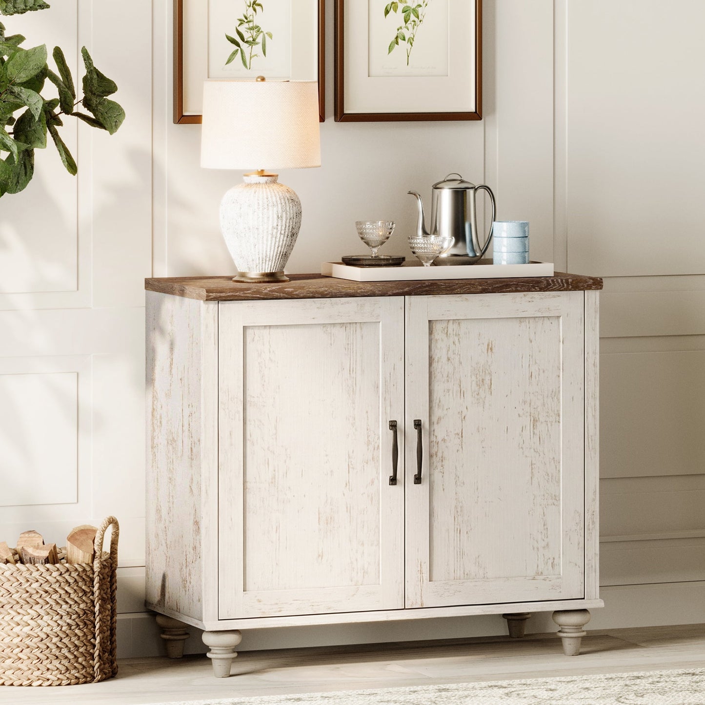 Modern Farmhouse Credenza, 34" Rustic White Storage Sideboard with Wood Doors