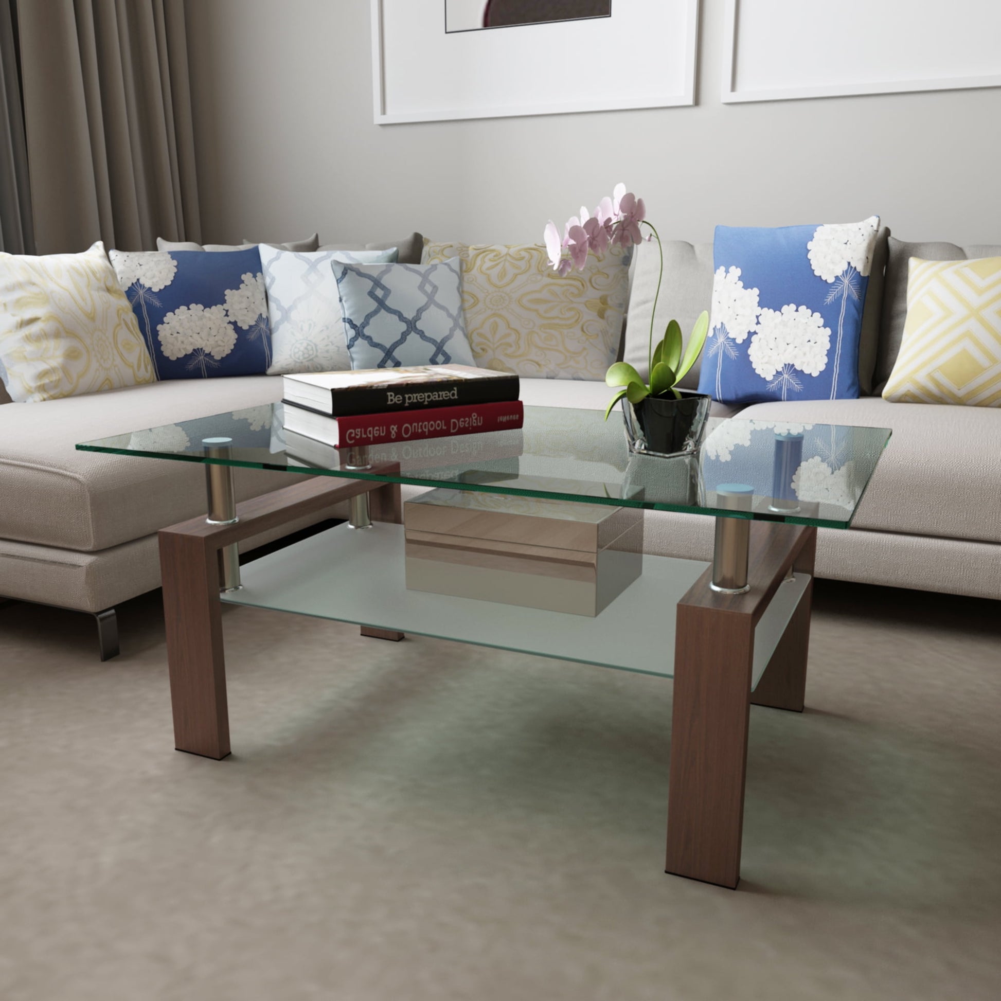 Modern Glass Coffee Table with Metal Legs & Lower Shelf, Leumius Clear Rectangle Glass Coffee Table,Suitable Home Furniture for the Living Room