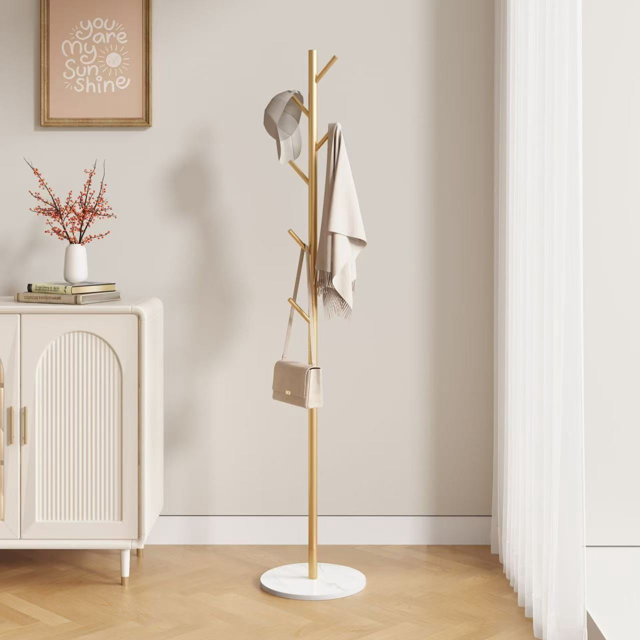 Modern Gold White Freestanding Metal Coat Rack Stand Sturdy Hall Tree With Bottom Storage Shelf Side Hooks Space Saving Clothes Hanger For Entryway Hallway Living Room Bedroom Office