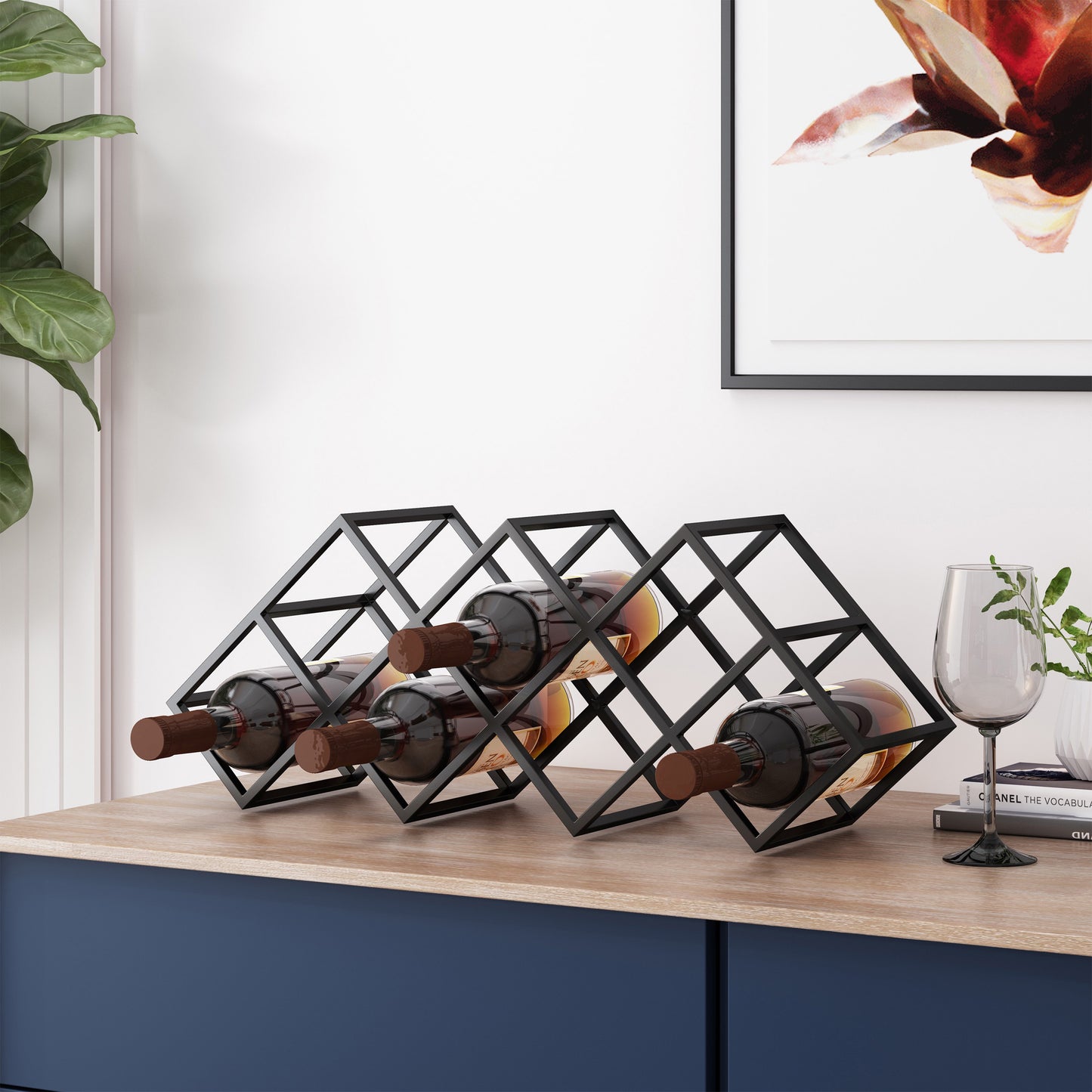 Modern Industrial Wine Rack - 7 Bottle Capacity, Metal Tabletop Holder with Geometric Design for Home, Kitchen, Office