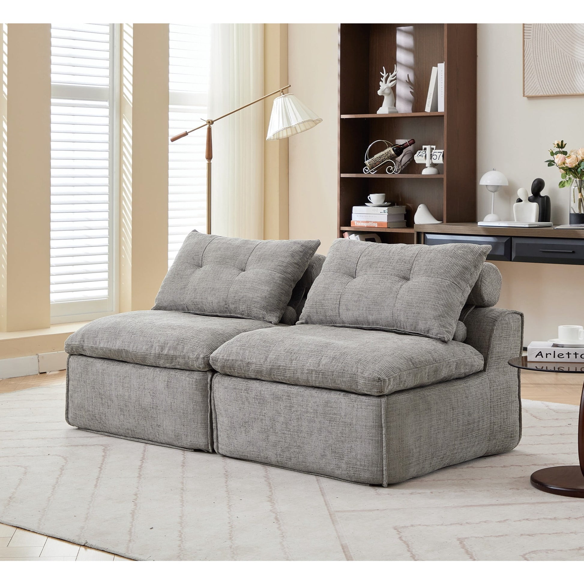 Modern Loveseat Sofa,Modular Sofa Couch,Corduroy 2-Seater Cloud Couch,Reading Lounge Sofa Chair for Small Spaces,Living Room,No Armrests,At will DIY,Light Gray