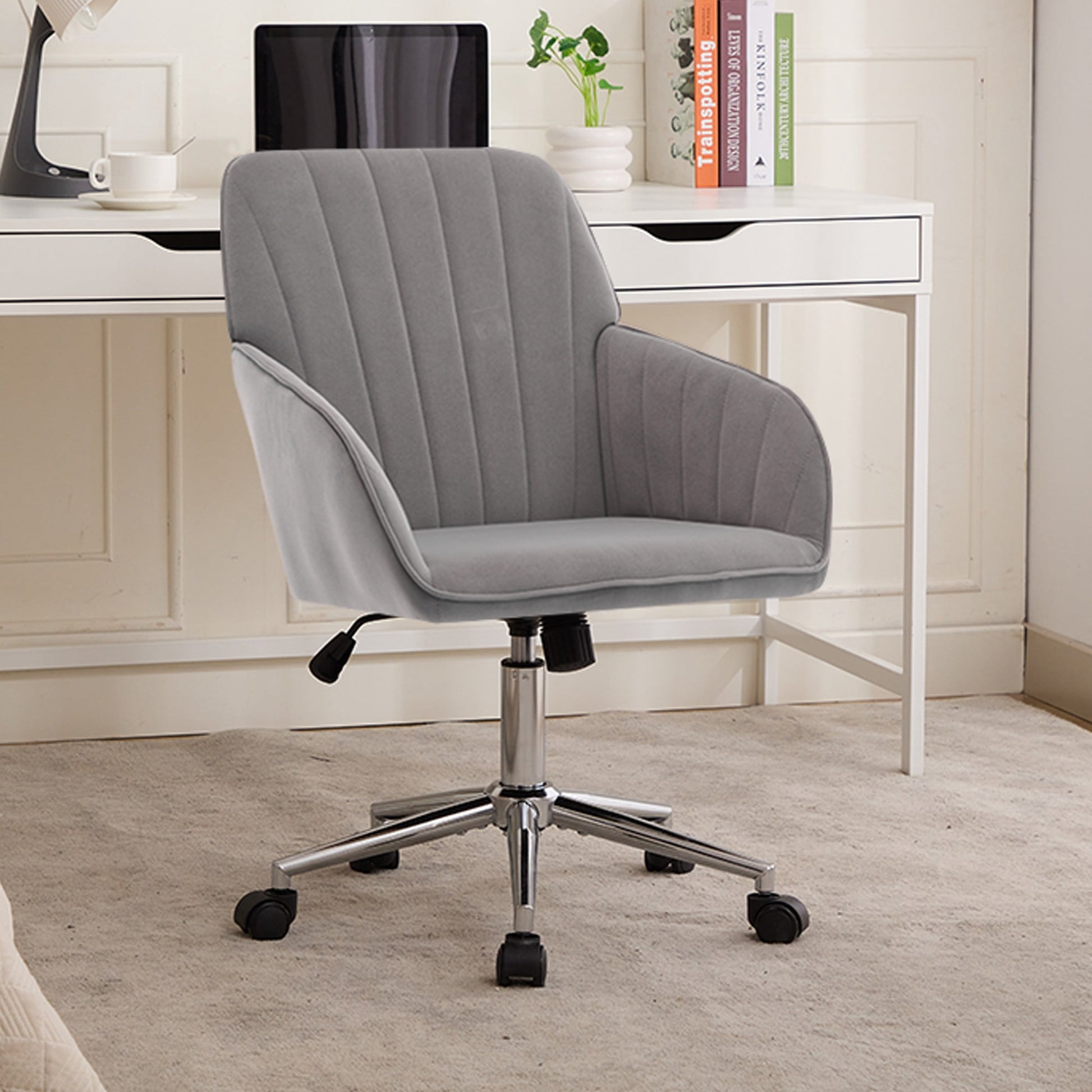 Modern Office Chair,Adjustable Arm Chair Computer Chair with Wheels,Swivel Vanity Chair for Living Room,Gray