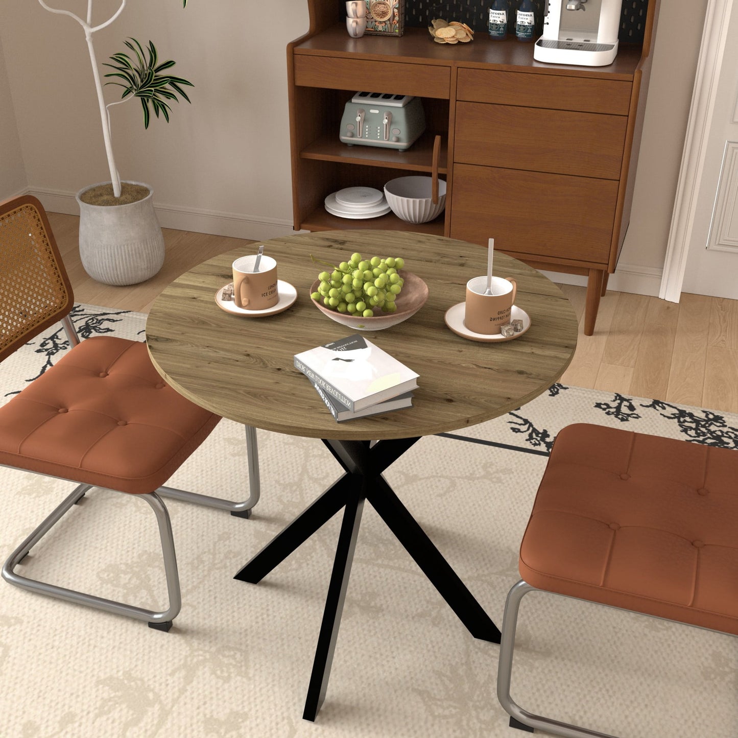 Mesa de Comedor Redonda Moderna, Mesa de Cocina PequeÃ±a de 35.43" con Patas de Metal Negras para 2-4 Personas, MarrÃ³n