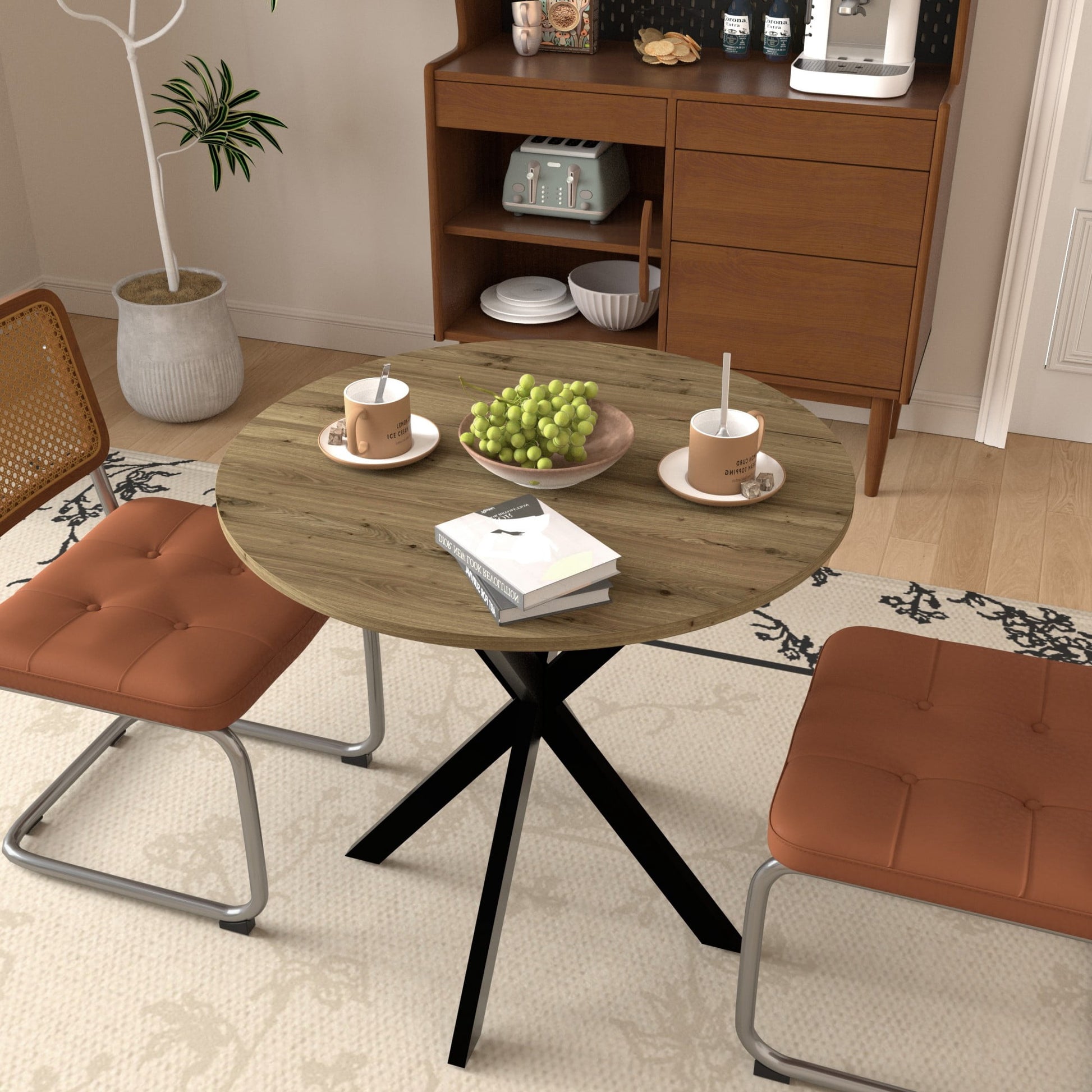 Mesa de Comedor Redonda Moderna, Mesa de Cocina PequeÃ±a de 35.43" con Patas de Metal Negras para 2-4 Personas, MarrÃ³n