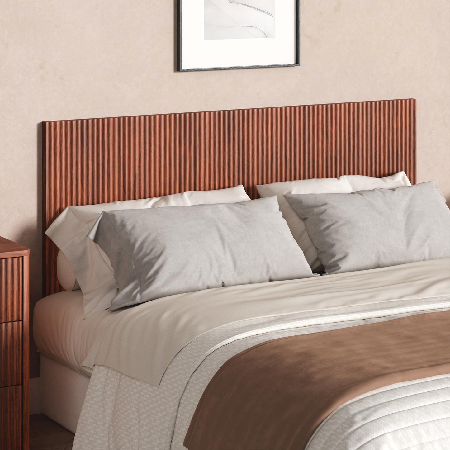 Modern Wavy Wooden Headboard 60.8 Inch for Queen Bed, Vertical Wood Grain Design with Easy Wall-Hanging Assembly, Bohemian Style, Easy Install, Walnut