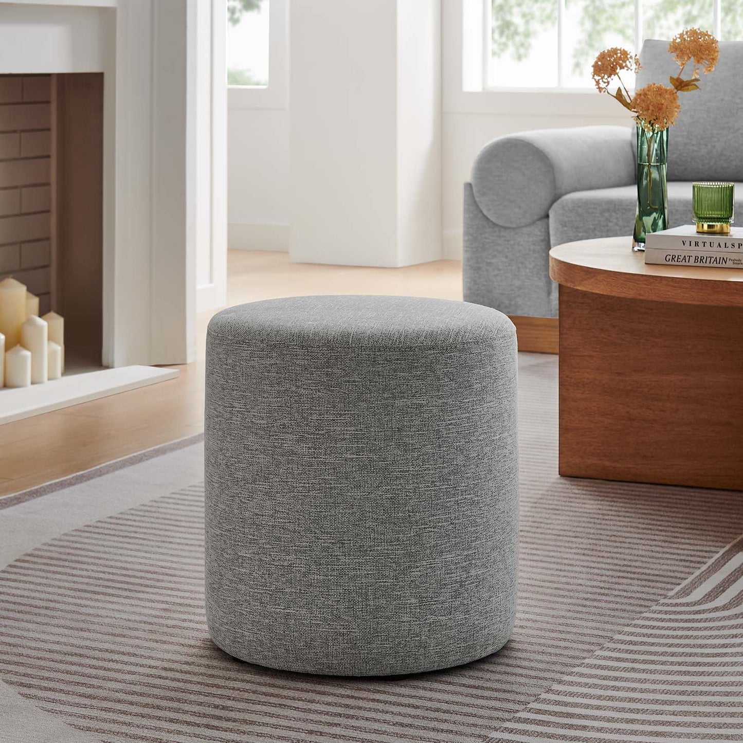 Callum 16" Round Woven Heathered Fabric Ottoman in Heathered Weave Light Gray