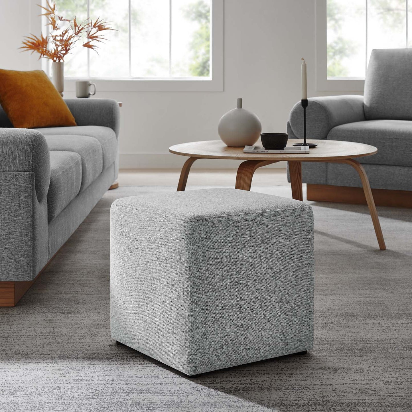 Callum 17" Square Woven Heathered Fabric Ottoman in Heathered Weave Light Gray