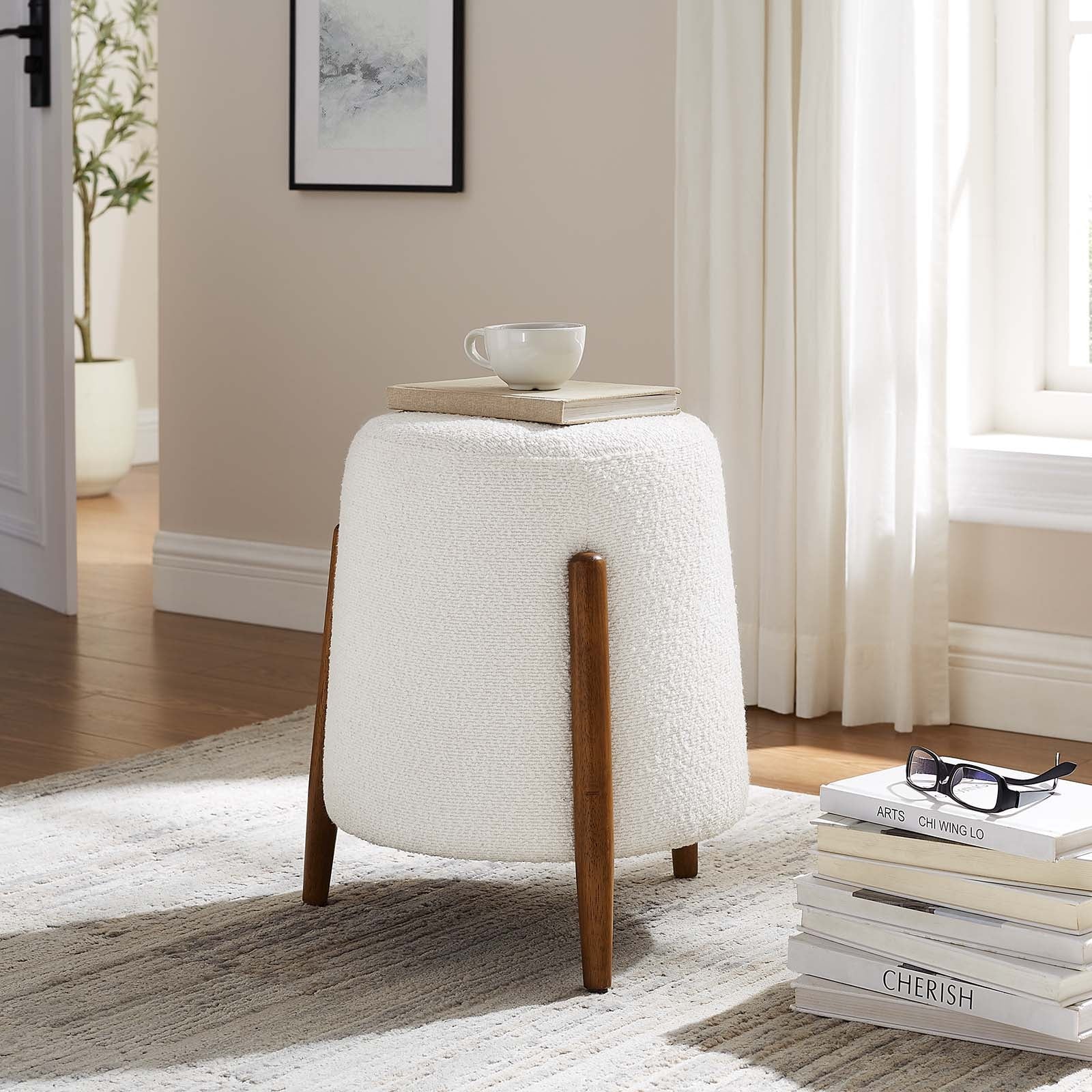 Riven Upholstered Boucle Fabric Ottoman in Cloud