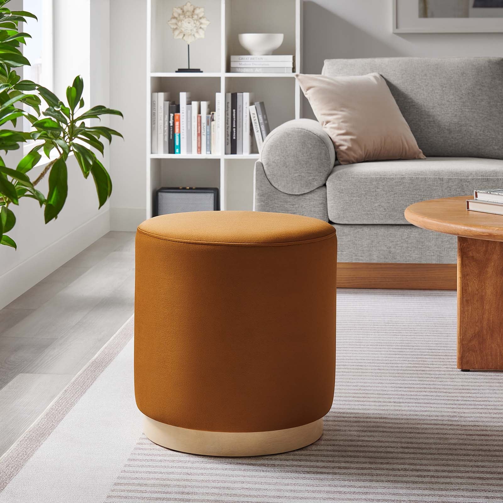 Tilden 16" Round Performance Velvet Upholstered Ottoman in Rust Natural