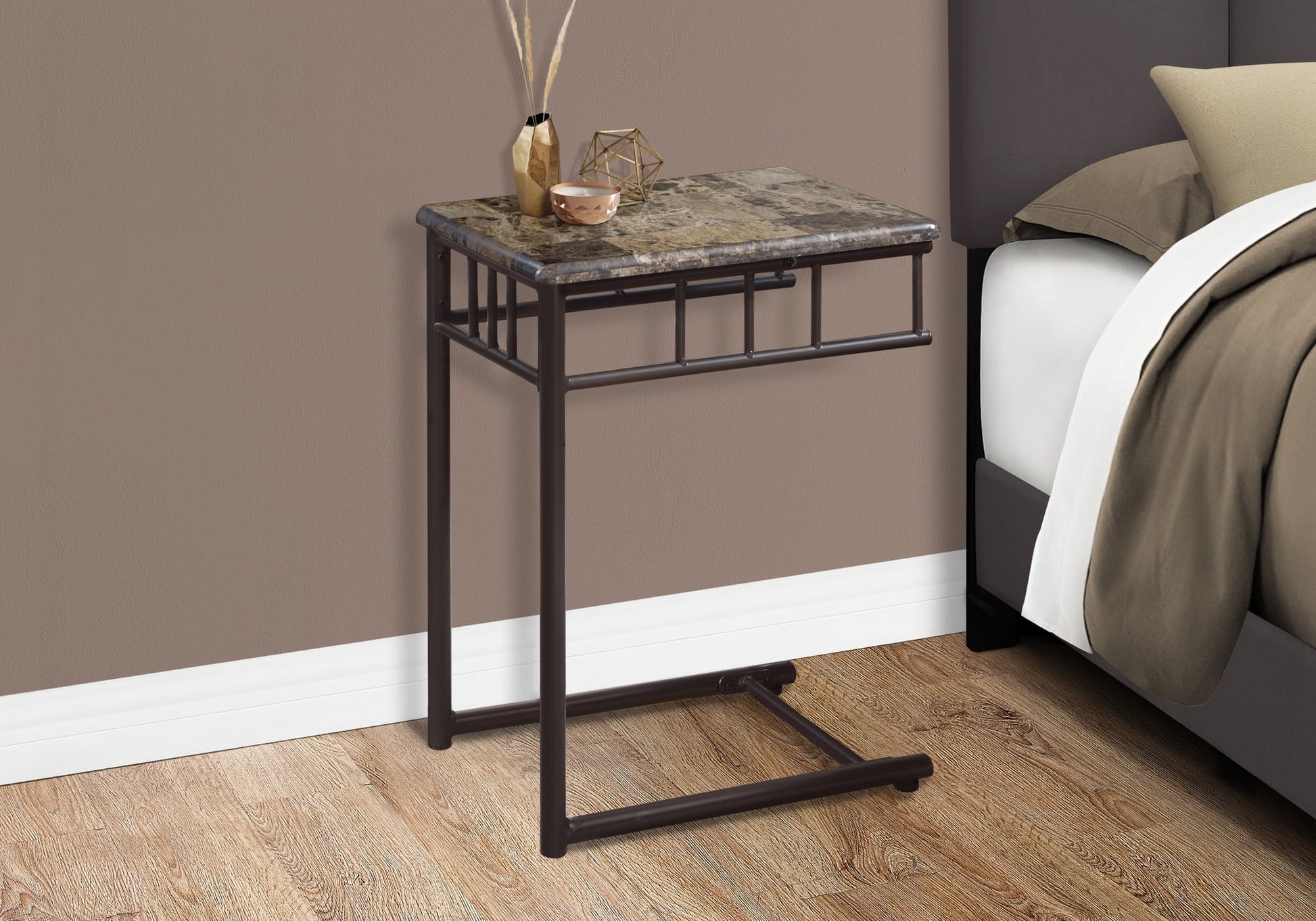 Monarch Specialties Accent Table, C-shaped, End, Side, Snack, Bedroom, Brown Marble Look Laminate