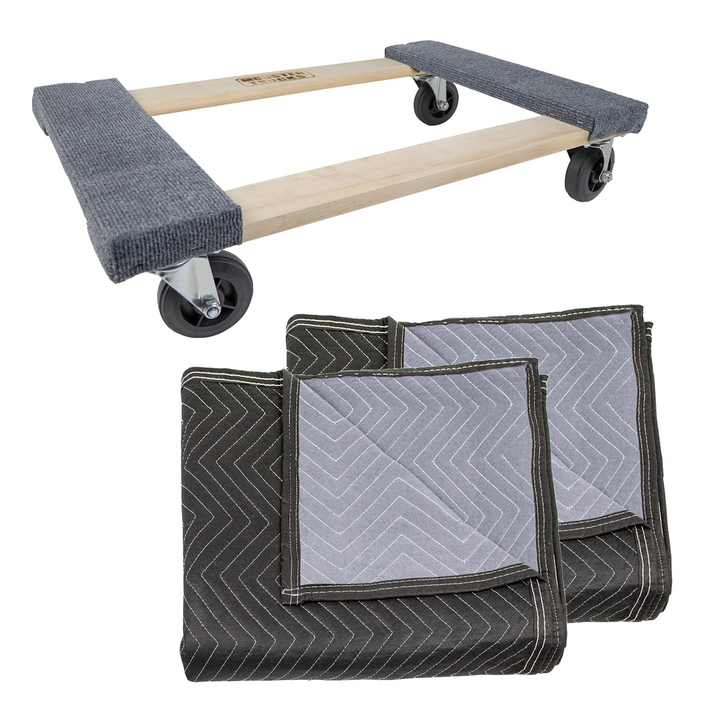 Monster Trucks MT10003 Wood 4-Wheel Dolly, Carpeted & 2 Pack MT10104 72" x 80" Economy Moving Blanket