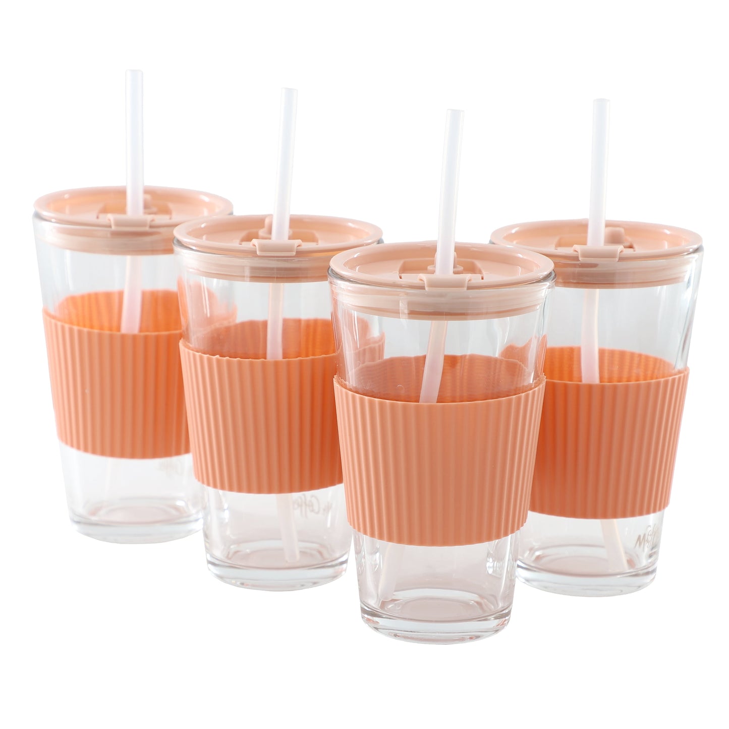 Mr. Coffee Sip Savvy 4 Piece 15 Ounce Silicone Sleeve Glass Cup Set w/ Lid and Straw in Pink