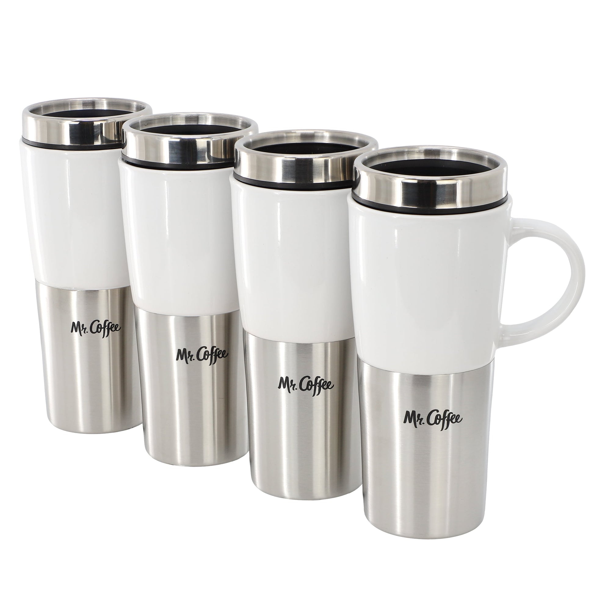 Mr. Coffee Travertine 4 Piece 16 Ounce Stoneware and Stainless Steel Travel Mug With Lid in White