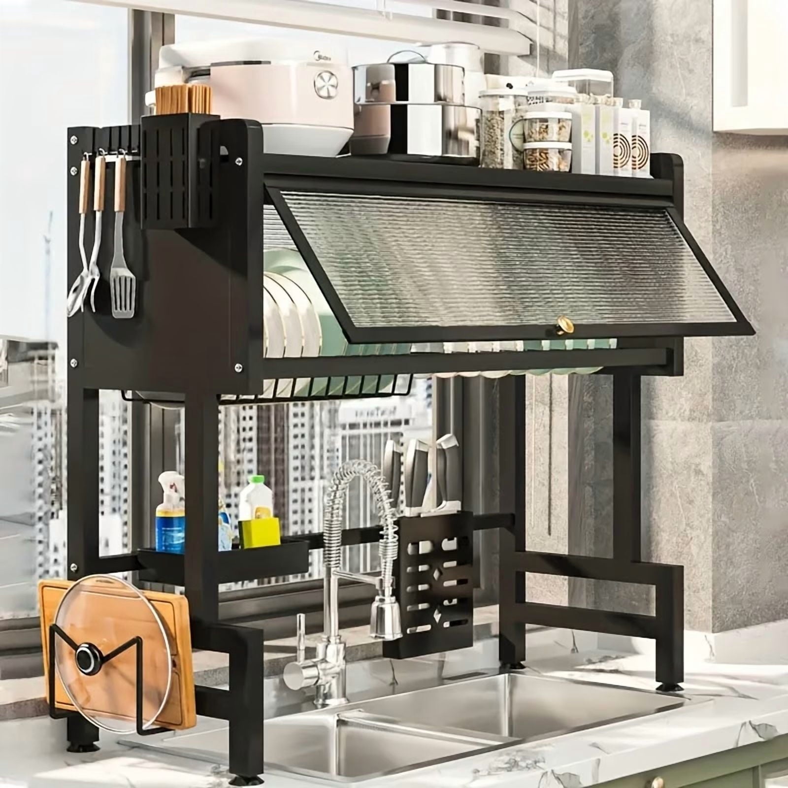 Multi-Tier Dish Drying Rack with Dust-Proof Cover, Countertop Kitchen Sink Drainer for Plates, Bowls & Chopsticks, Black