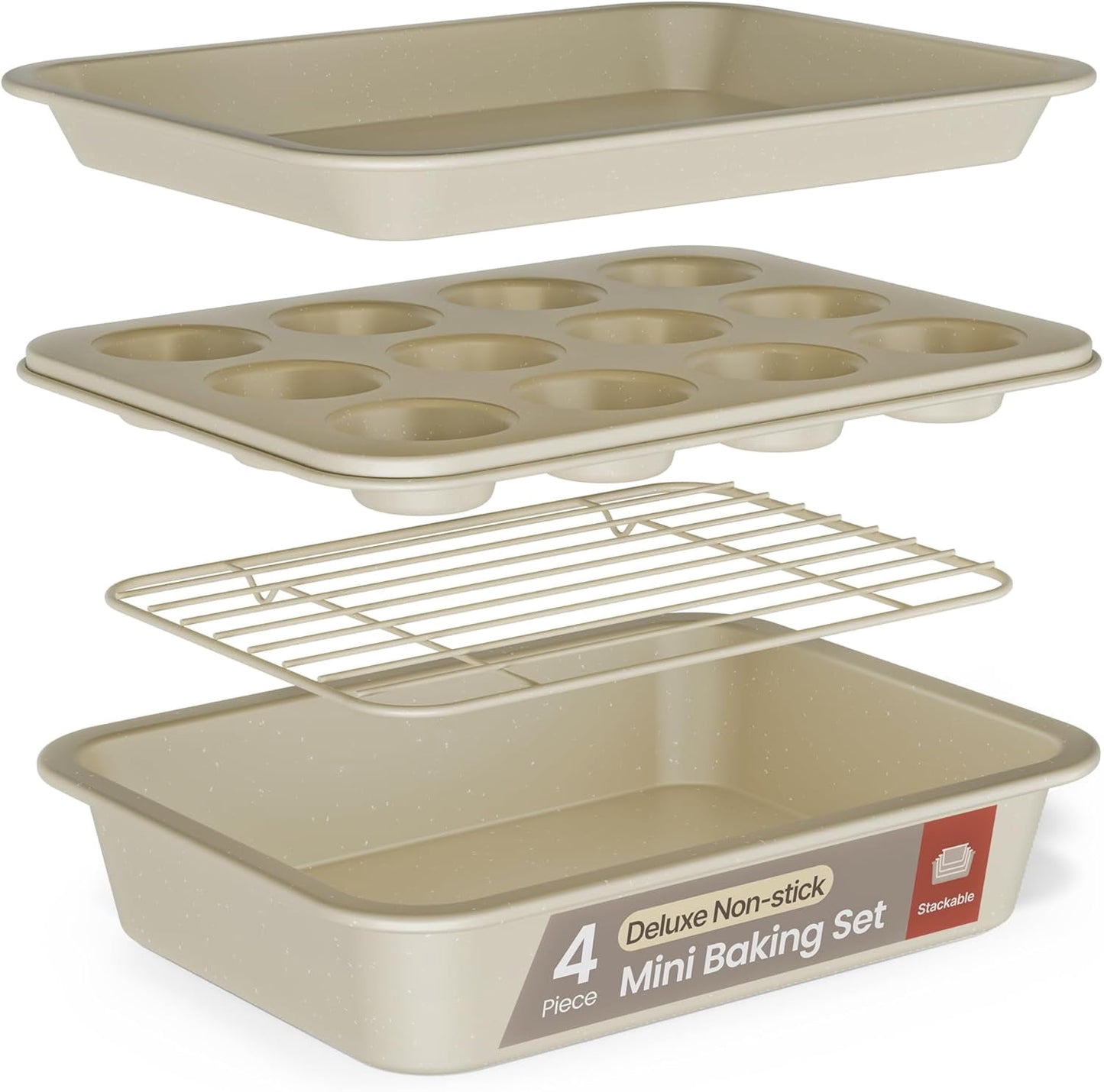 Bakken 4-Piece Bakeware Sets, Nonstick Carbon Steel Baking Sheet, Stackable Space-Saving Bakeware, Dishwasher Safe, Oven Safe 450Â°F, White Marble