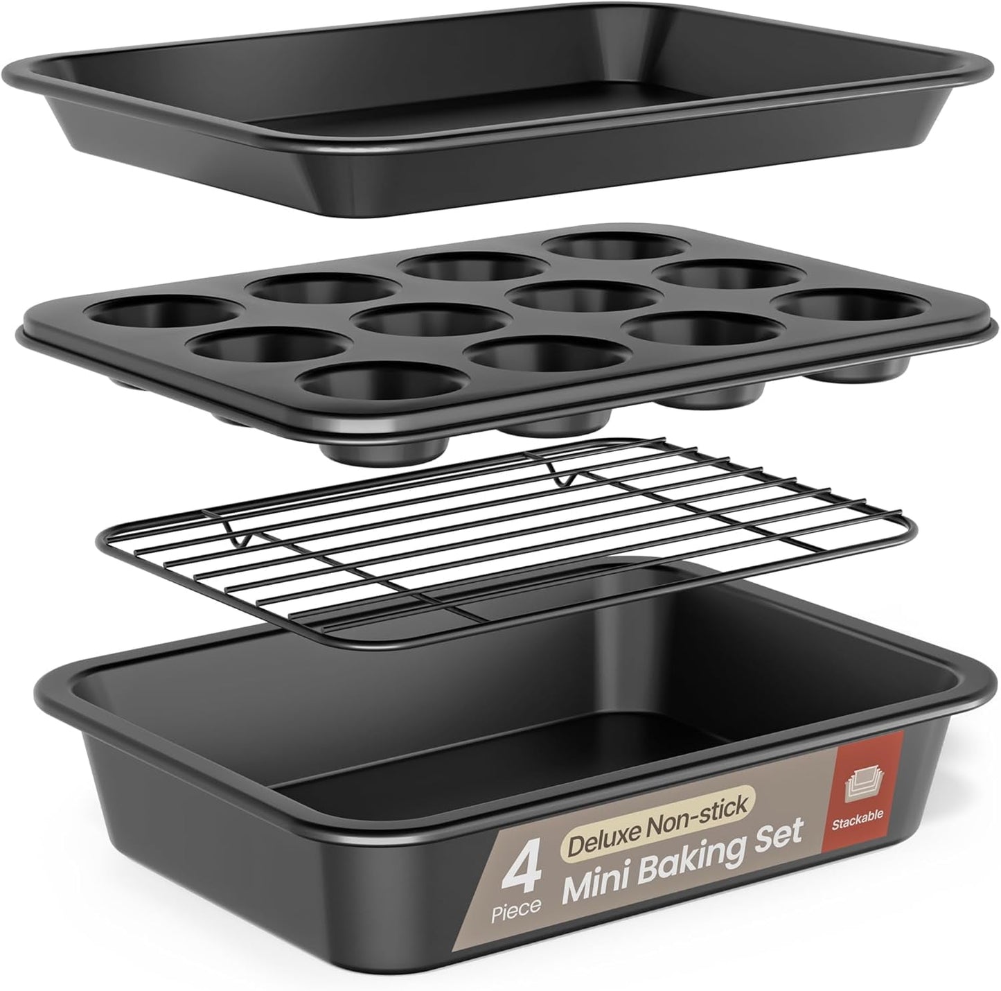 Bakken 4-Piece Bakeware Sets, Nonstick Carbon Steel Baking Sheet, Stackable Space-Saving Bakeware, Dishwasher Safe, Oven Safe 450Â°F, Black